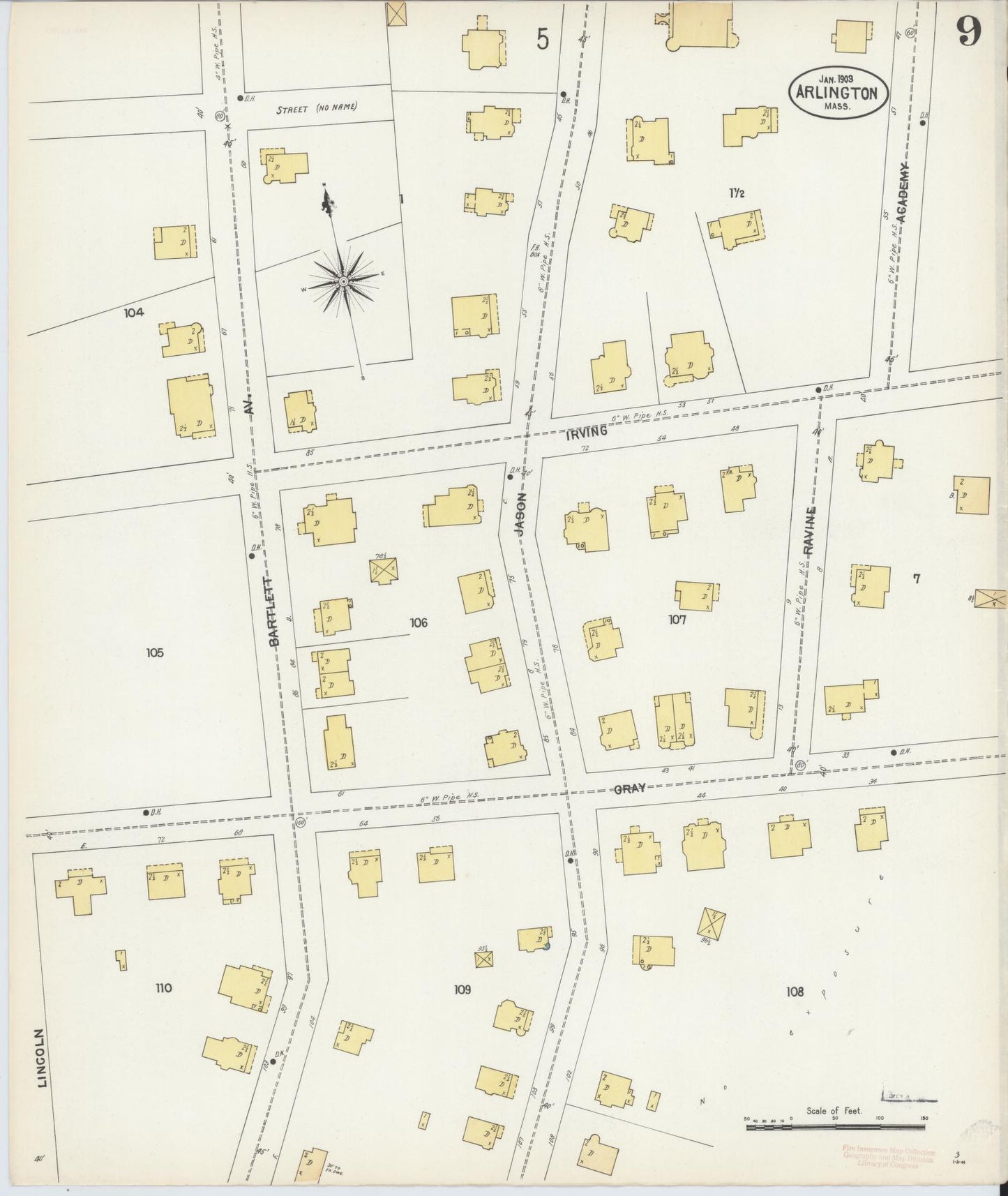 Sanborn Fire Insurance Map from Arlington, Middlesex County, Massachusetts (1903), Sheet #0009 - Historic Sanborn Fire Insurance Map Print, vintage old map wall art, antique decor, genealogy gift, Massachusetts Massachusetts map
