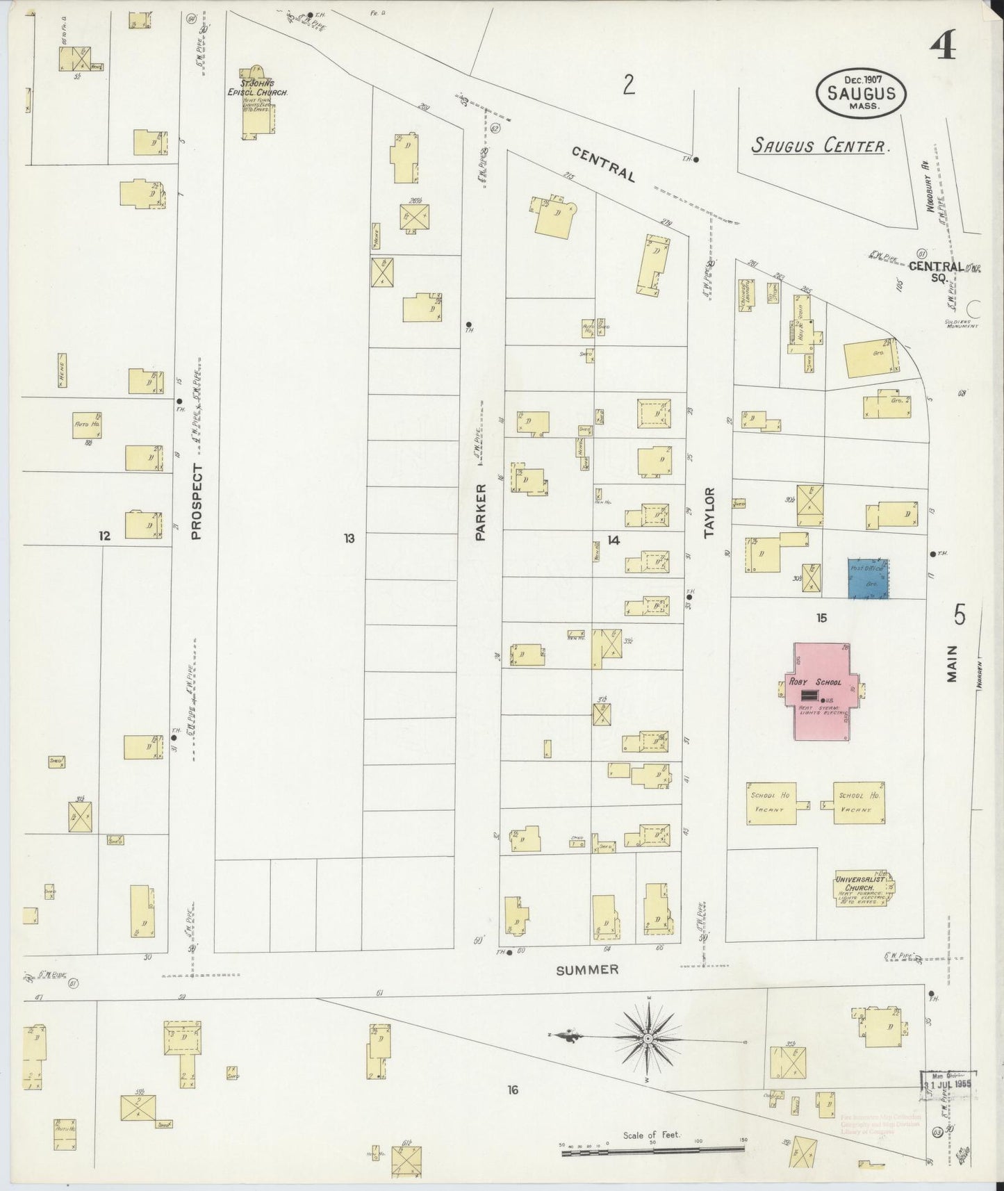 Sanborn Fire Insurance Map from Saugus, Essex County, Massachusetts (1907), Sheet #0004 - Historic Sanborn Fire Insurance Map Print, vintage old map wall art, antique decor, genealogy gift, Massachusetts Massachusetts map