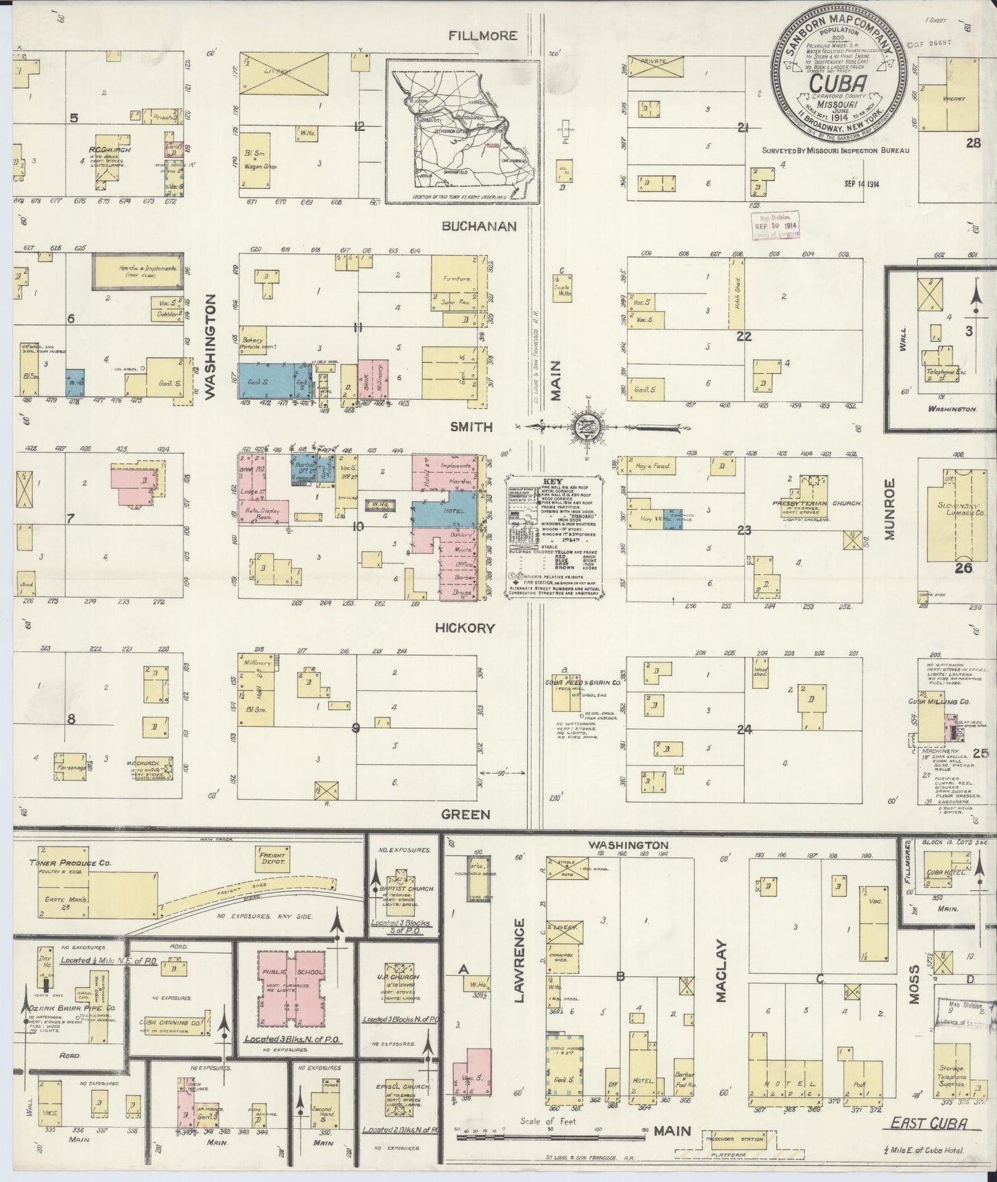 Sanborn Fire Insurance Map from Cuba, Crawford County, Missouri (1914), Sheet #0001 - Historic Sanborn Fire Insurance Map Print, vintage old map wall art, antique decor, genealogy gift, Missouri Missouri map