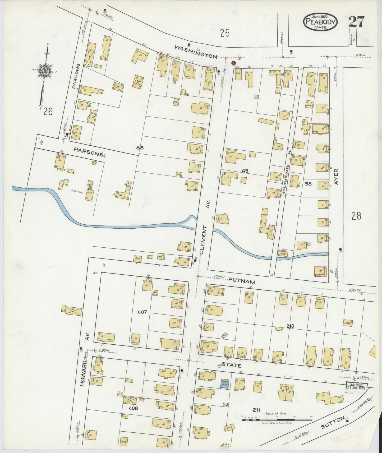 Sanborn Fire Insurance Map from Peabody, Essex County, Massachusetts (1920), Sheet #0027 - Historic Sanborn Fire Insurance Map Print, vintage old map wall art, antique decor, genealogy gift, Massachusetts Massachusetts map