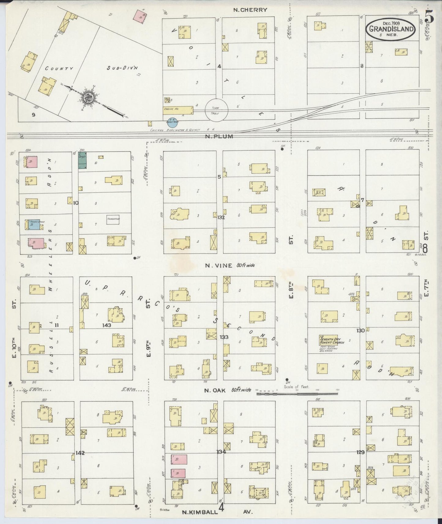 Sanborn Fire Insurance Map from Grand Island, Hall County, Nebraska (1909), Sheet #0005 - Historic Sanborn Fire Insurance Map Print, vintage old map wall art, antique decor, genealogy gift, Nebraska Nebraska map
