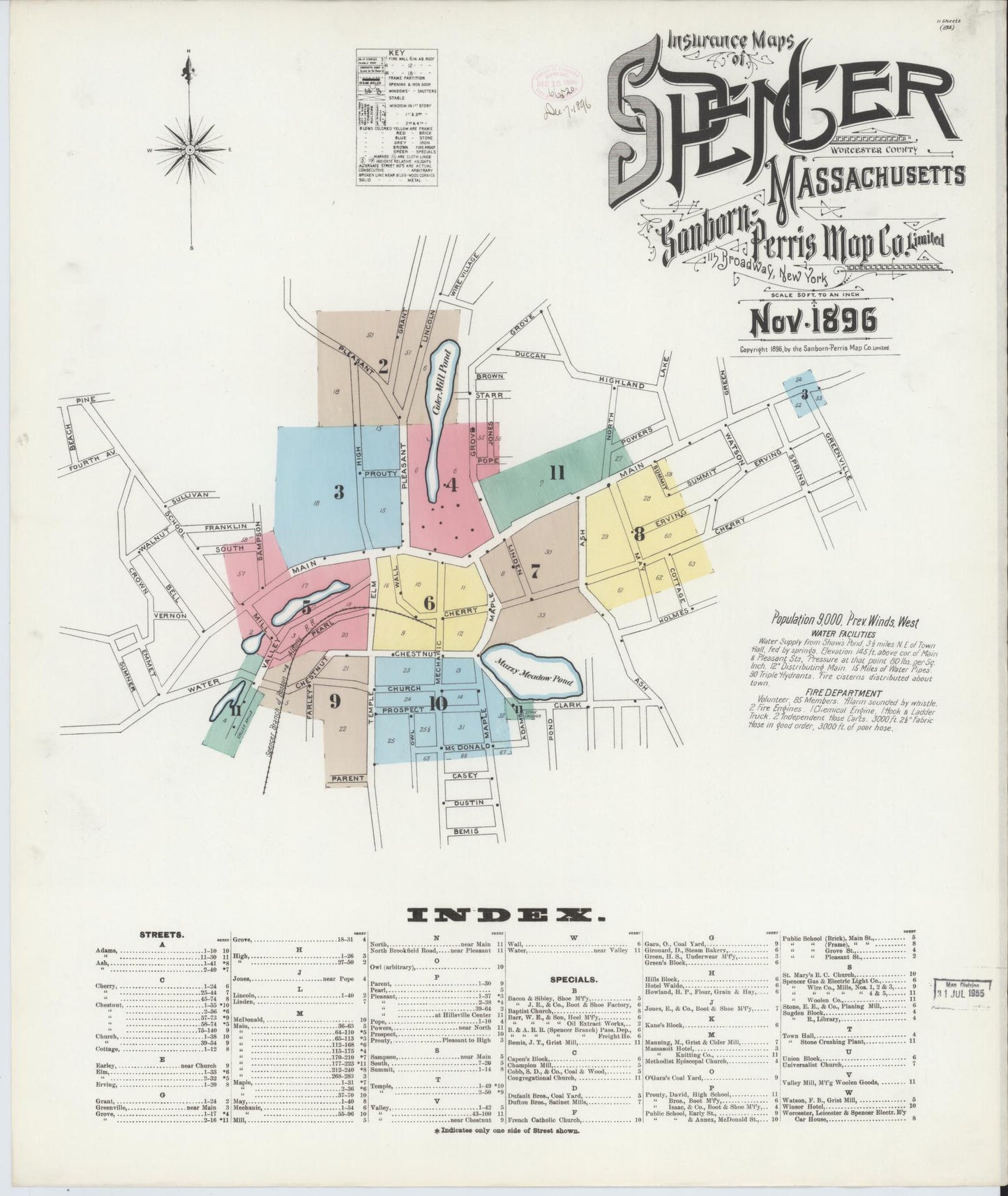 Sanborn Fire Insurance Map from Spencer, Worcester County, Massachusetts (1896), Sheet #0001 - Historic Sanborn Fire Insurance Map Print, vintage old map wall art, antique decor, genealogy gift, Massachusetts Massachusetts map
