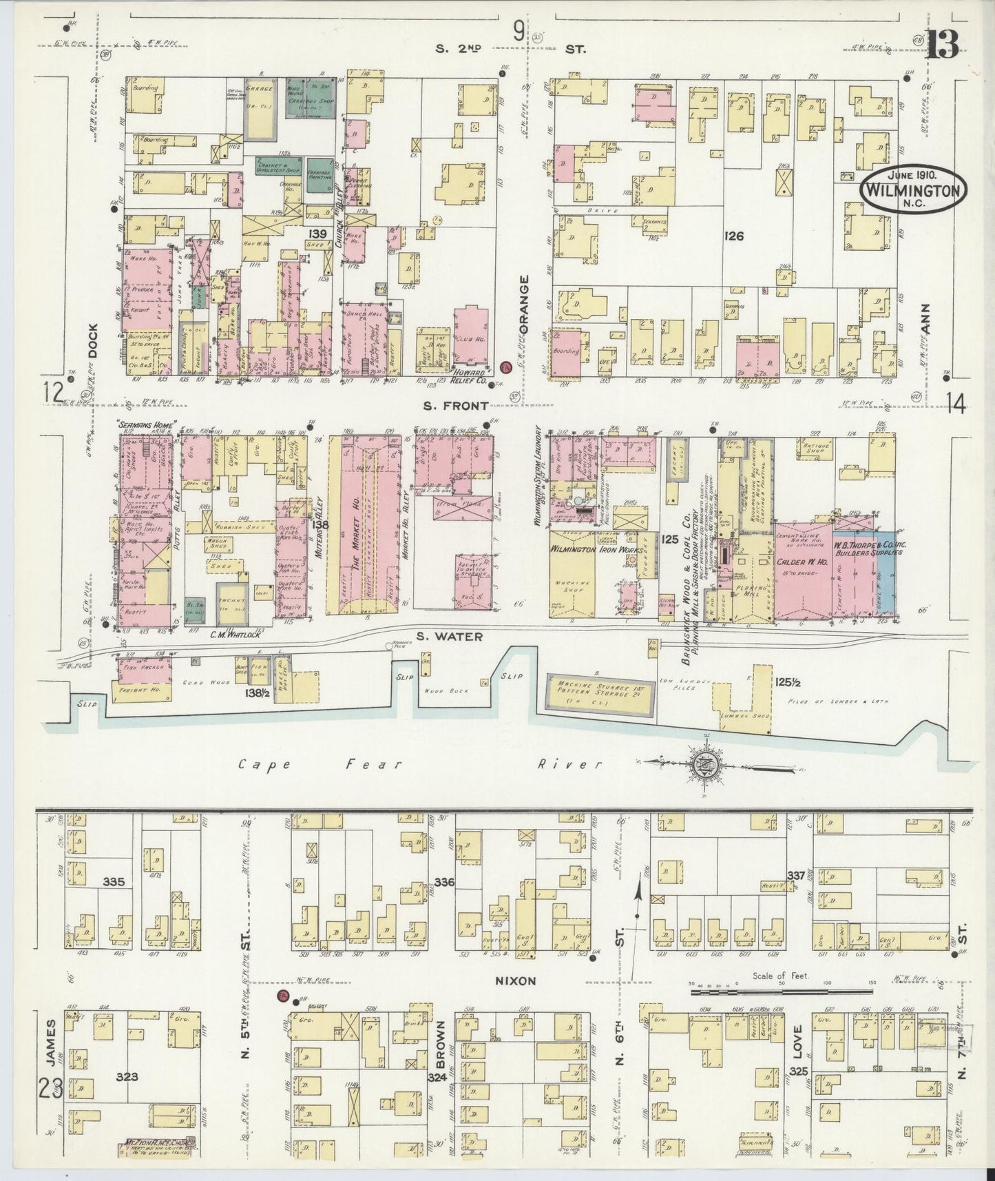 Sanborn Fire Insurance Map from Wilmington, New Hanover County, North Carolina (1910), Sheet #0013 - Historic Sanborn Fire Insurance Map Print, vintage old map wall art, antique decor, genealogy gift, North Carolina North Carolina map