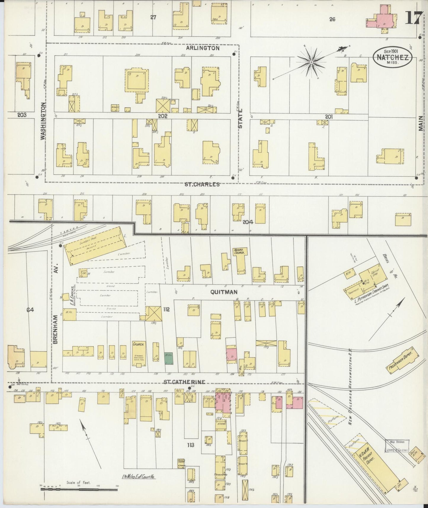 Sanborn Fire Insurance Map from Natchez, Adams County, Mississippi (1901), Sheet #0017 - Historic Sanborn Fire Insurance Map Print, vintage old map wall art, antique decor, genealogy gift, Mississippi Mississippi map