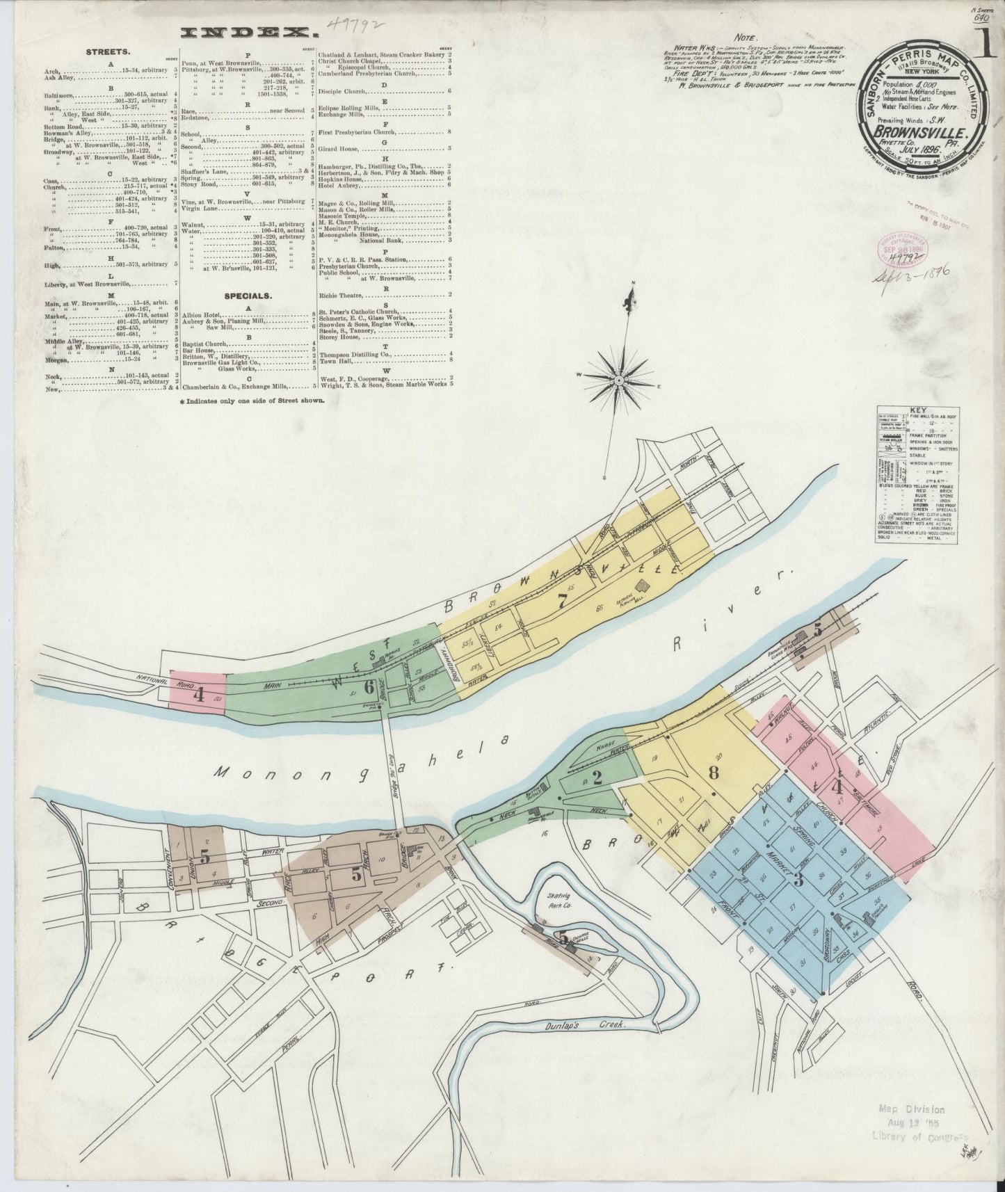 Sanborn Fire Insurance Map from Brownsville, Fayette County, Pennsylvania (1896), Sheet #0001 - Historic Sanborn Fire Insurance Map Print, vintage old map wall art, antique decor, genealogy gift, Pennsylvania Pennsylvania map