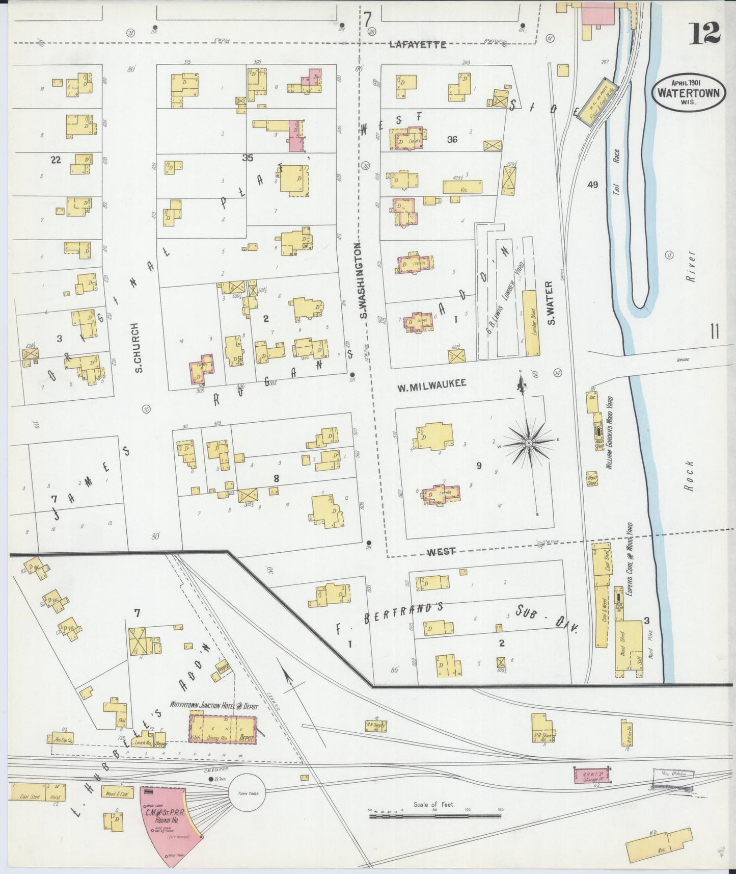 Sanborn Fire Insurance Map from Watertown, Jefferson County, Wisconsin (1901), Sheet #0012 - Historic Sanborn Fire Insurance Map Print, vintage old map wall art, antique decor, genealogy gift, Wisconsin Wisconsin map