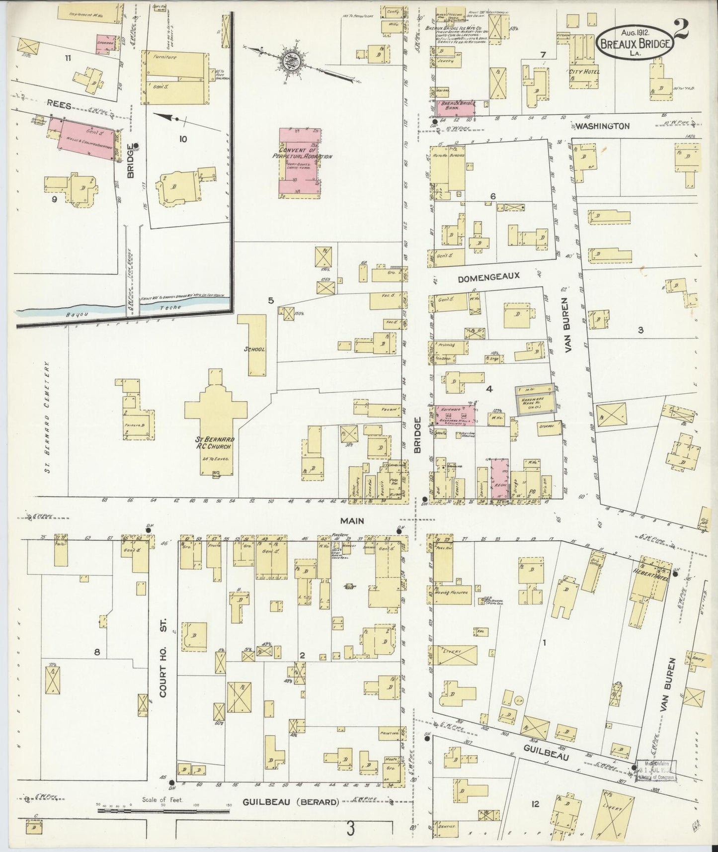 Sanborn Fire Insurance Map from Breaux Bridge, Saint Martin Parish, Louisiana (1912), Sheet #0002 - Historic Sanborn Fire Insurance Map Print, vintage old map wall art, antique decor, genealogy gift, Louisiana Louisiana map