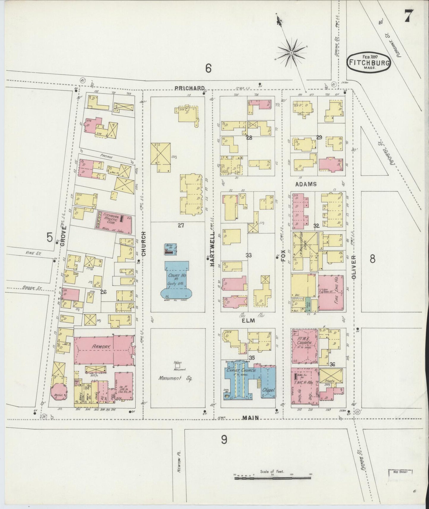 Sanborn Fire Insurance Map from Fitchburg, Worcester County, Massachusetts (1897), Sheet #0007 - Historic Sanborn Fire Insurance Map Print, vintage old map wall art, antique decor, genealogy gift, Massachusetts Massachusetts map