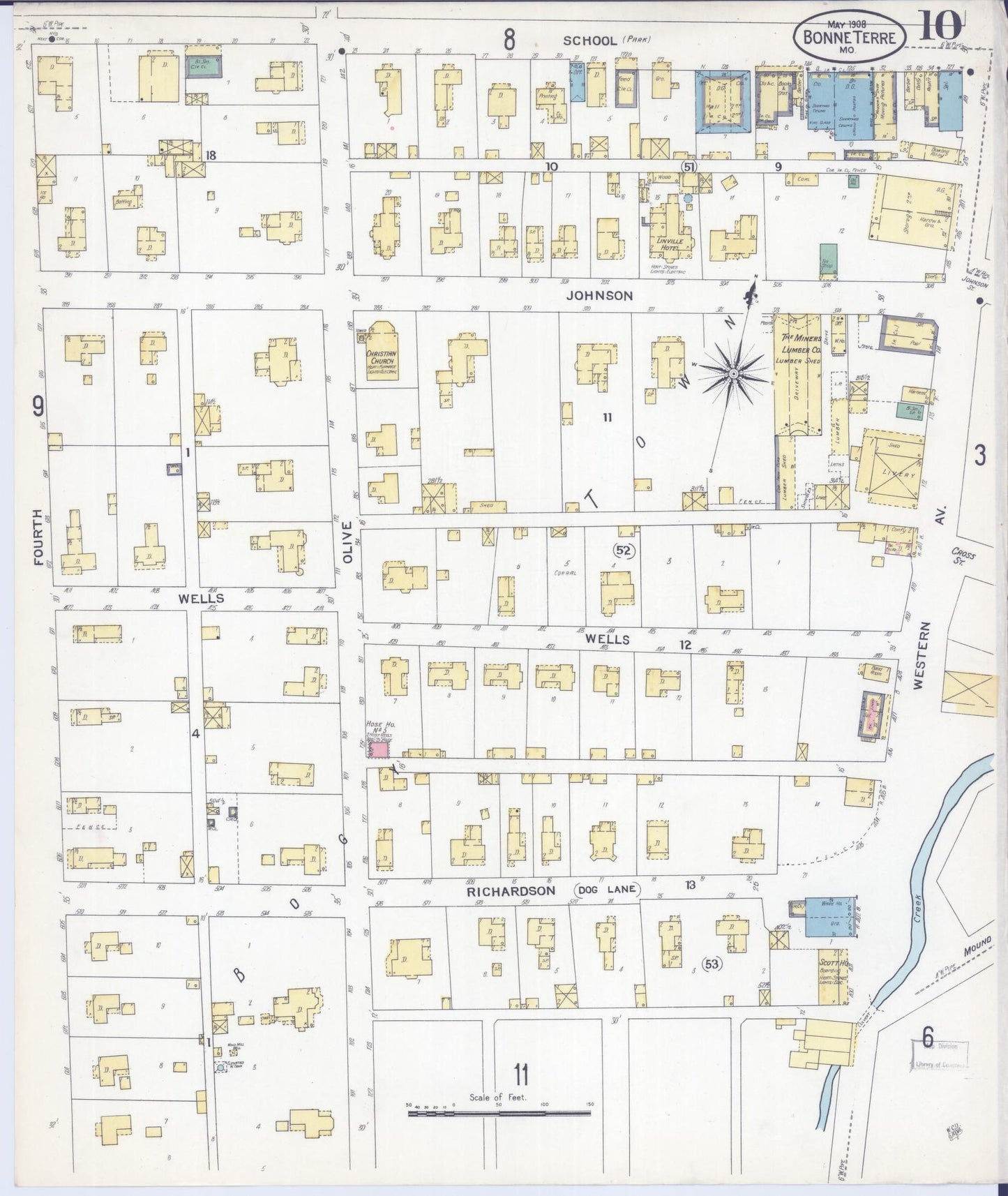 Sanborn Fire Insurance Map from Bonne Terre, Saint Francois County, Missouri (1908), Sheet #0010 - Historic Sanborn Fire Insurance Map Print, vintage old map wall art, antique decor, genealogy gift, Missouri Missouri map