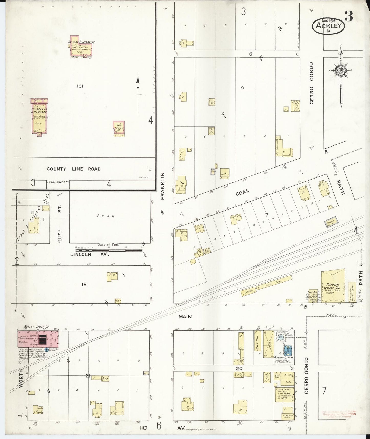 Sanborn Fire Insurance Map from Ackley, Hardin and Franklin Counties, Iowa (1916), Sheet #0003 - Historic Sanborn Fire Insurance Map Print, vintage old map wall art