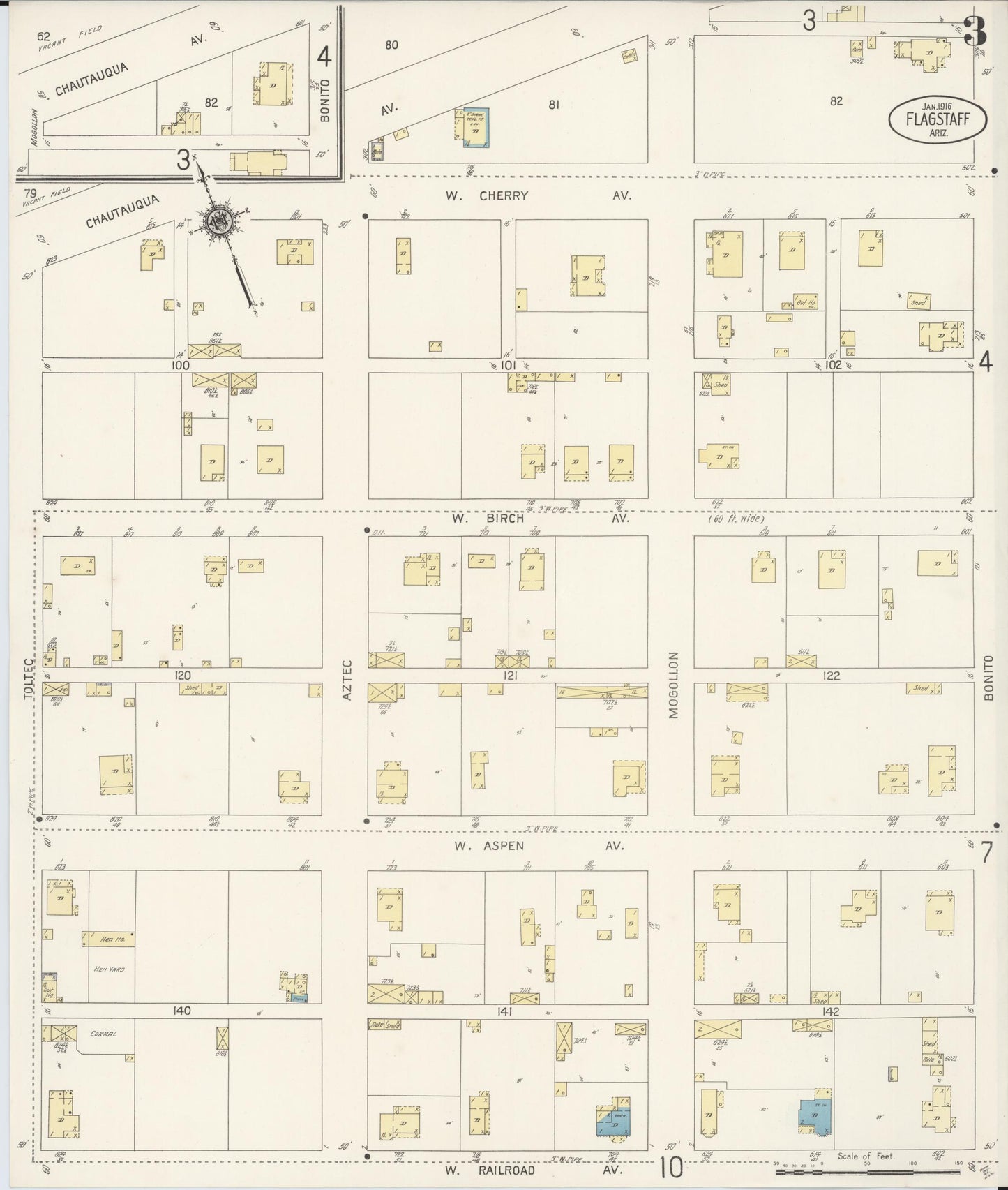 Sanborn Fire Insurance Map from Flagstaff, Coconino County, Arizona (1916), Sheet #0003 - Historic Sanborn Fire Insurance Map Print, vintage old map wall art, antique decor, genealogy gift, Arizona Arizona map