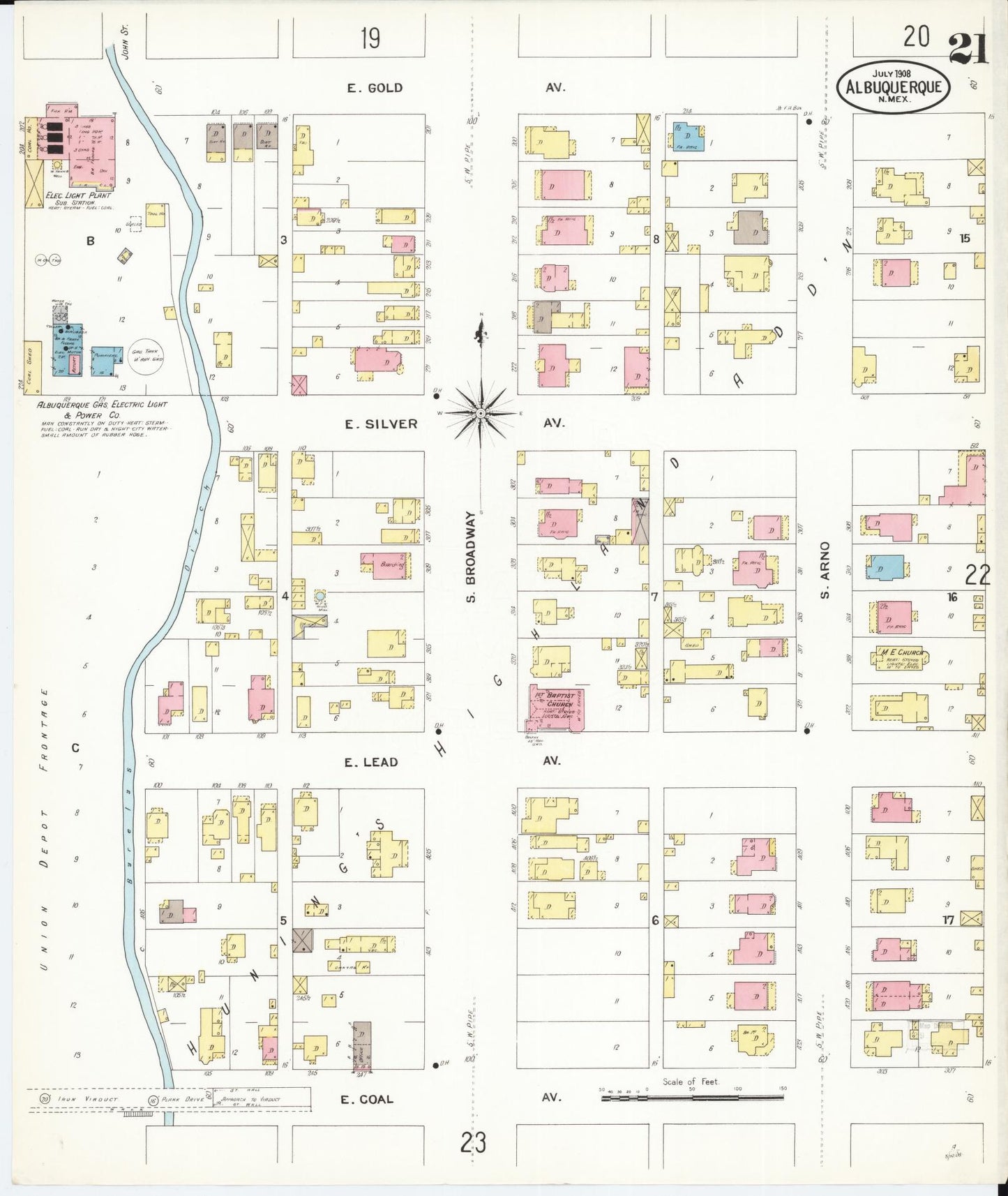 Sanborn Fire Insurance Map from Albuquerque, Bernalillo County, New Mexico (1908), Sheet #0021 - Historic Sanborn Fire Insurance Map Print, vintage old map wall art, antique decor, genealogy gift, New Mexico New Mexico map