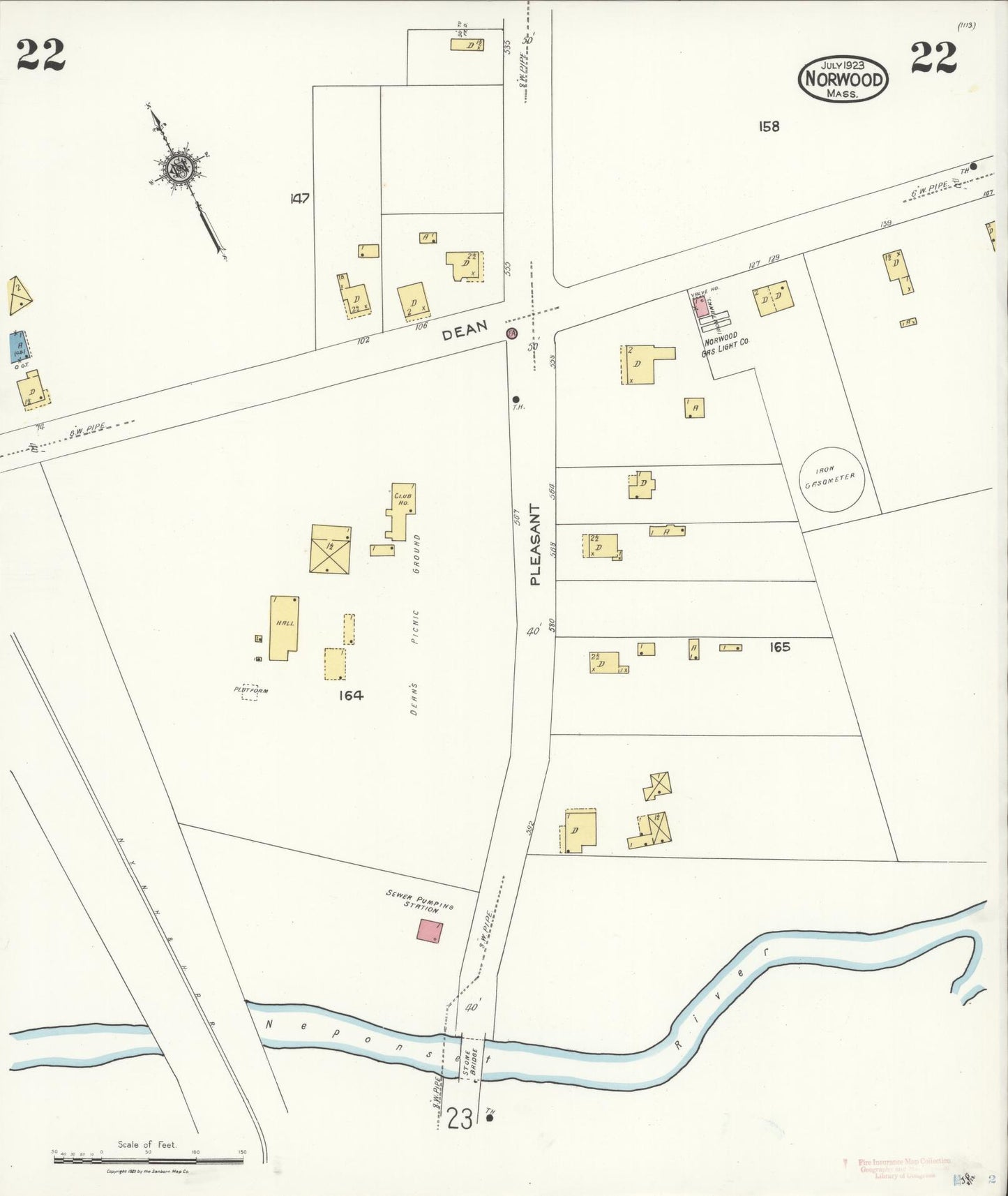 Sanborn Fire Insurance Map from Norwood, Norfolk County, Massachusetts (1923), Sheet #0022 - Historic Sanborn Fire Insurance Map Print, vintage old map wall art, antique decor, genealogy gift, Massachusetts Massachusetts map