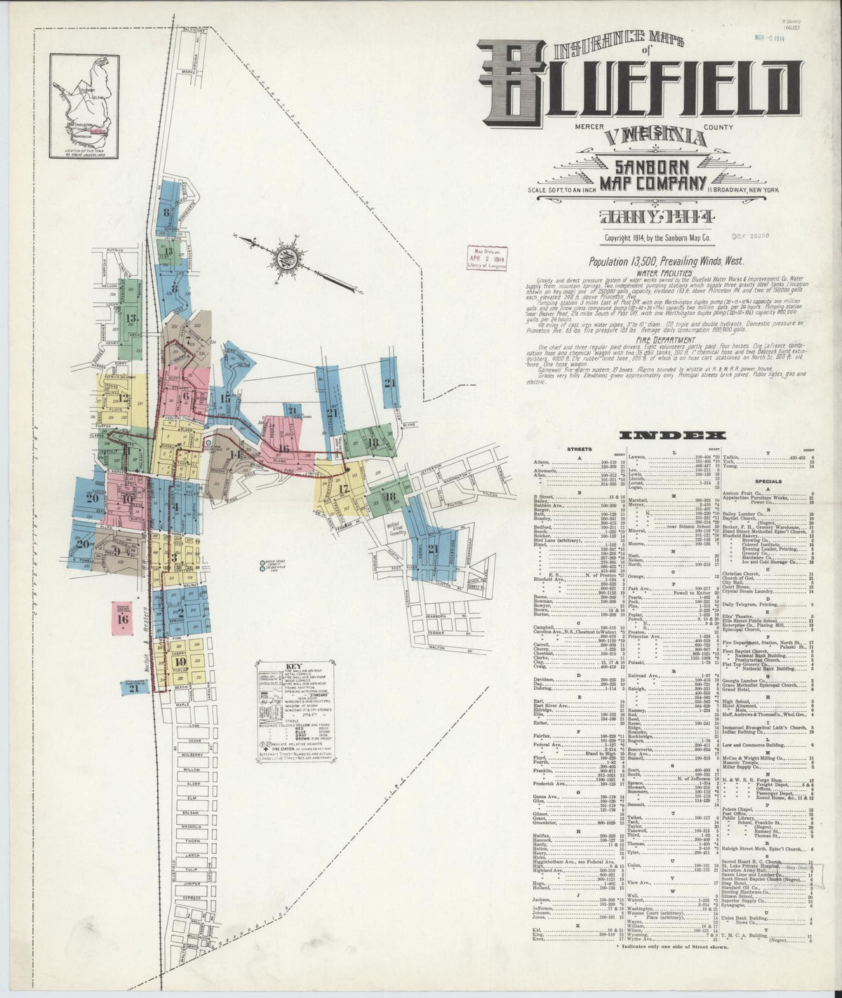 Sanborn Fire Insurance Map from Bluefield, Mercer County, West Virginia (1914), Sheet #0001 - Historic Sanborn Fire Insurance Map Print, vintage old map wall art, antique decor, genealogy gift, West Virginia West Virginia map