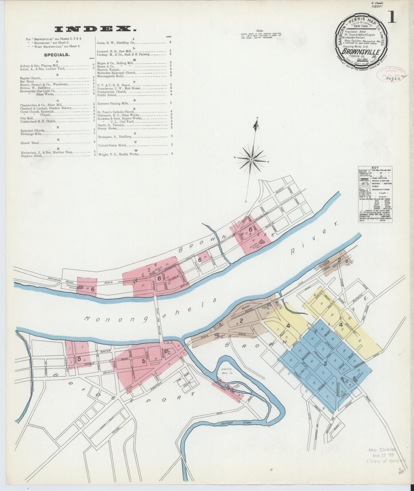 Sanborn Fire Insurance Map from Brownsville, Fayette County, Pennsylvania (1891), Sheet #0001 - Historic Sanborn Fire Insurance Map Print, vintage old map wall art, antique decor, genealogy gift, Pennsylvania Pennsylvania map