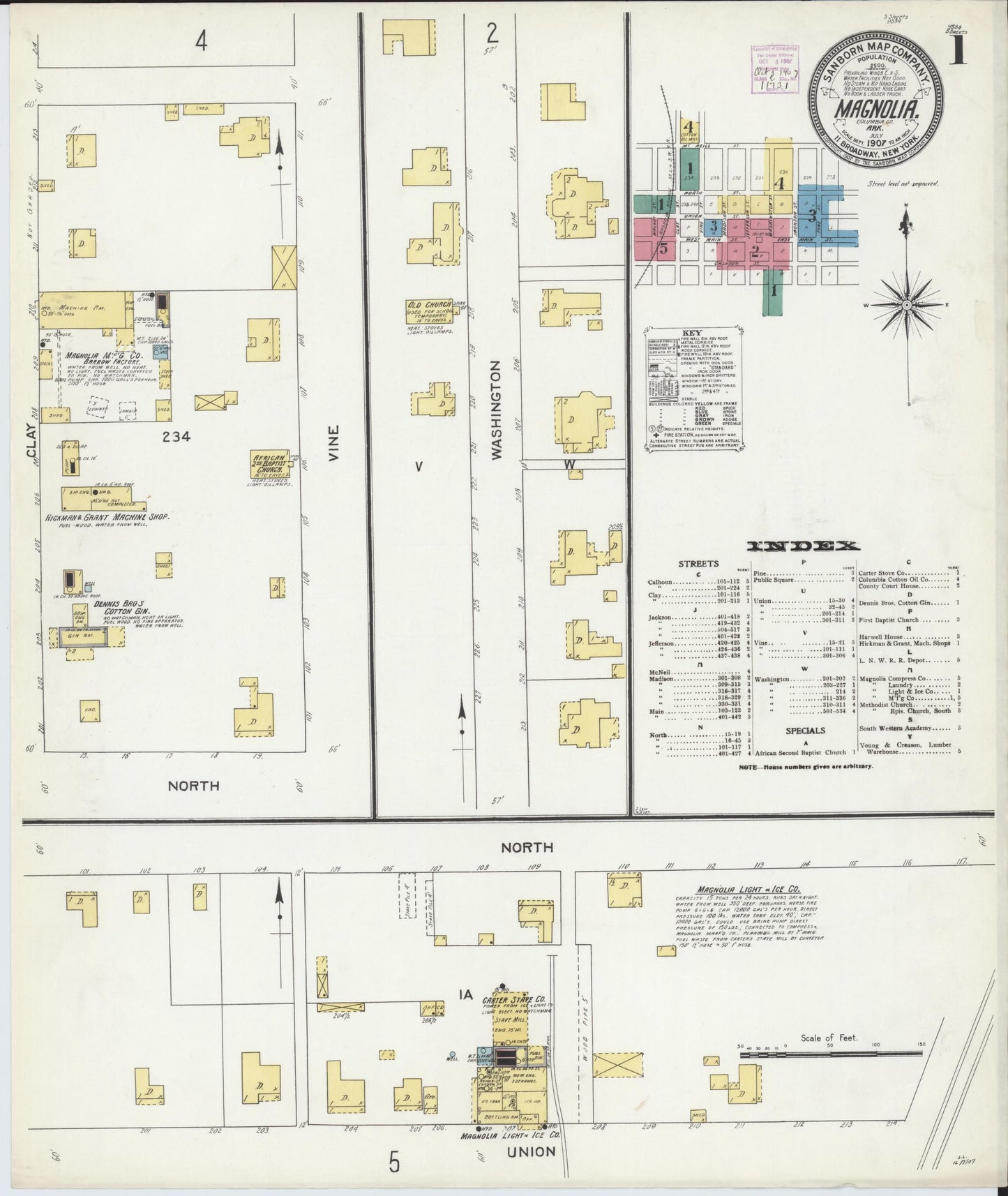 Sanborn Fire Insurance Map from Magnolia, Columbia County, Arkansas (1907), Sheet #0001 - Historic Sanborn Fire Insurance Map Print, vintage old map wall art, antique decor, genealogy gift, Arkansas Arkansas map
