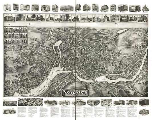 Aero view of Norwich, Connecticut 1912. (1912) – Historic Bird’s-Eye View Panorama Print