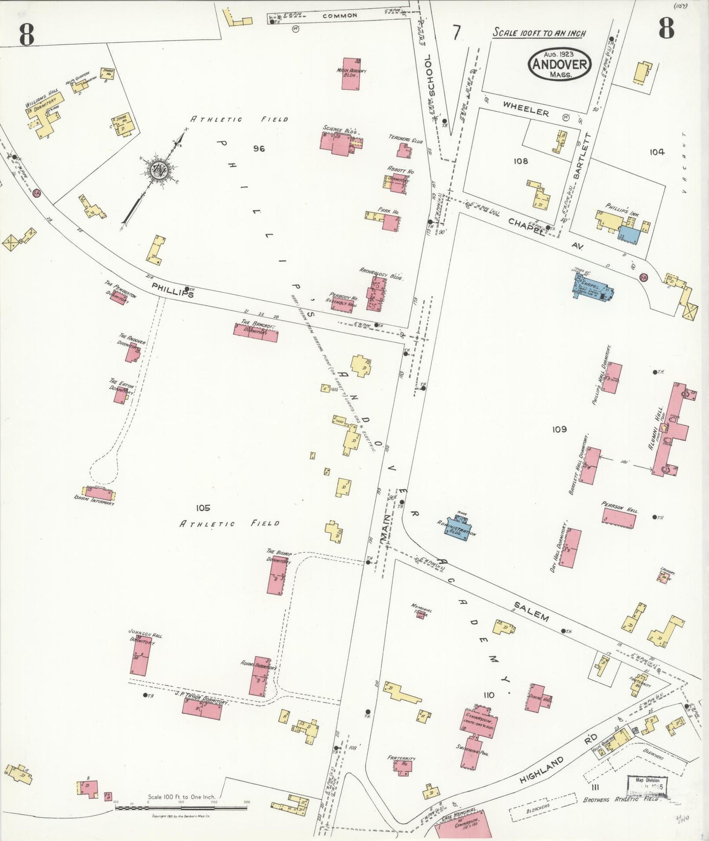 Sanborn Fire Insurance Map from Andover, Essex County, Massachusetts (1923), Sheet #0008 - Historic Sanborn Fire Insurance Map Print, vintage old map wall art, antique decor, genealogy gift, Massachusetts Massachusetts map