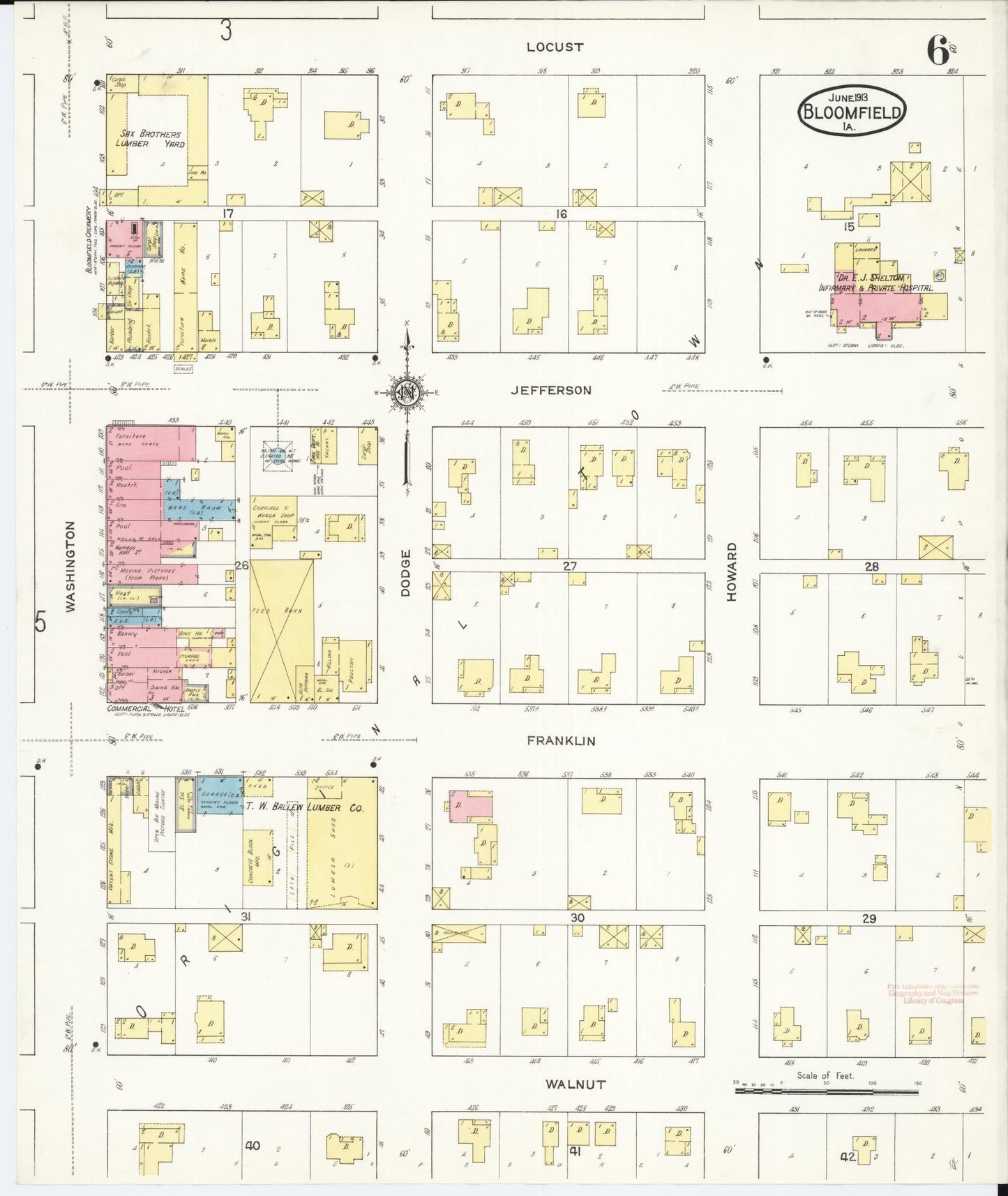 Sanborn Fire Insurance Map from Bloomfield, Davis County, Iowa (1913), Sheet #0006 - Historic Sanborn Fire Insurance Map Print, vintage old map wall art