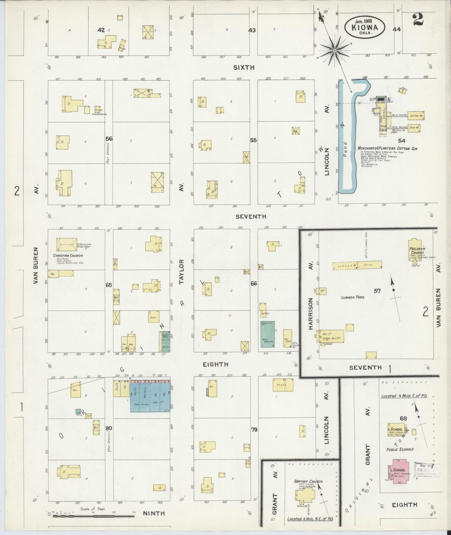 Sanborn Fire Insurance Map from Kiowa, Pittsburg County, Oklahoma (1908), Sheet #0002 - Historic Sanborn Fire Insurance Map Print, vintage old map wall art, antique decor, genealogy gift, Oklahoma Oklahoma map