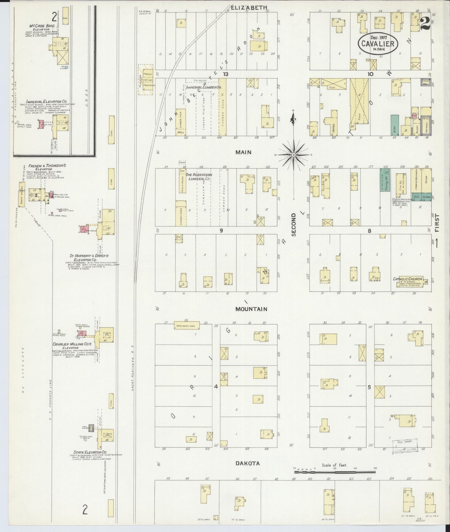 Sanborn Fire Insurance Map from Cavalier, Pembina County, North Dakota (1907), Sheet #0002 - Historic Sanborn Fire Insurance Map Print, vintage old map wall art, antique decor, genealogy gift, North Dakota North Dakota map