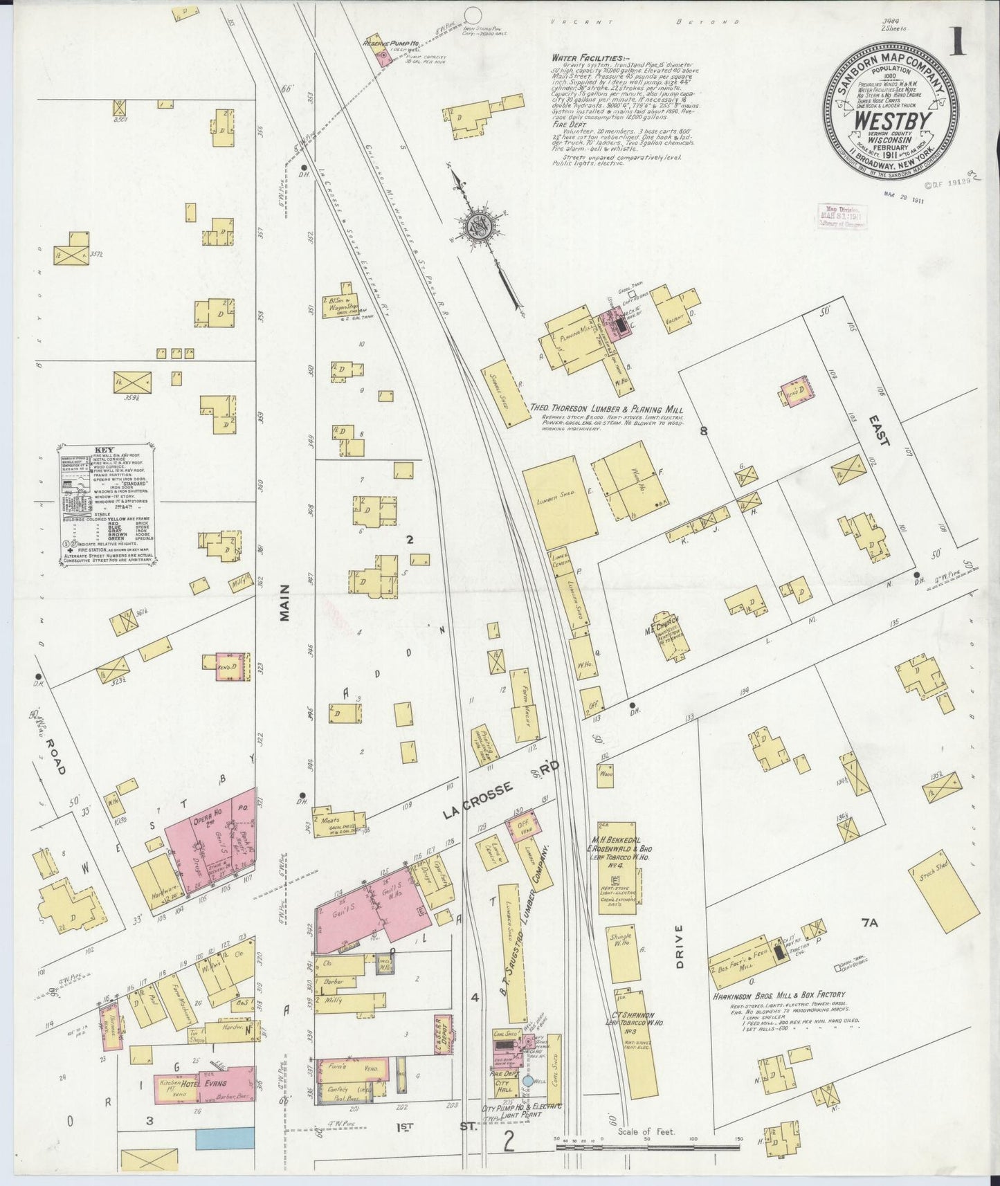 Sanborn Fire Insurance Map from Westby, Vernon County, Wisconsin (1911), Sheet #0001 - Historic Sanborn Fire Insurance Map Print, vintage old map wall art, antique decor, genealogy gift, Wisconsin Wisconsin map
