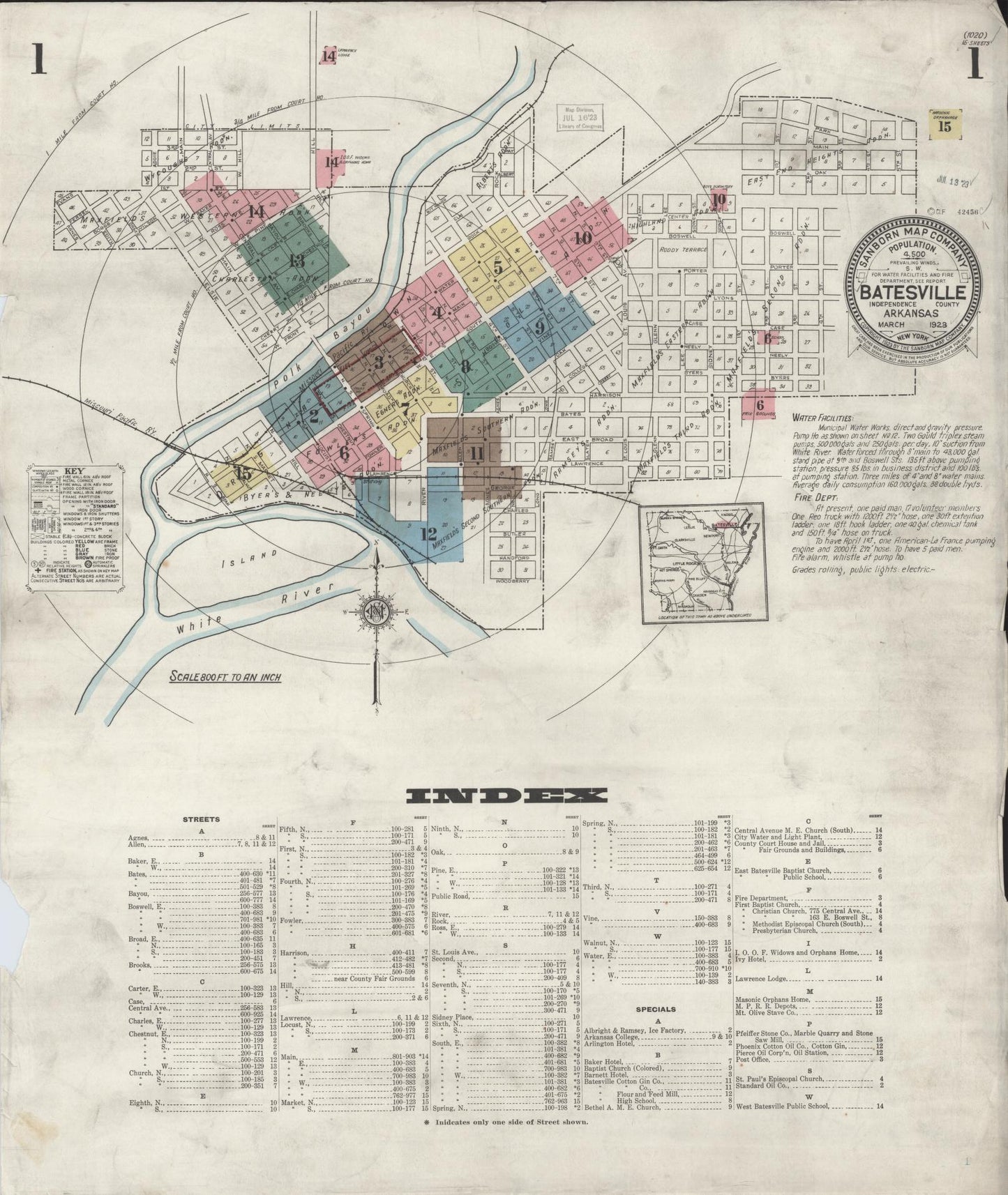 Sanborn Fire Insurance Map from Batesville, Independence County, Arkansas (1923), Sheet #0001 - Historic Sanborn Fire Insurance Map Print, vintage old map wall art, antique decor, genealogy gift, Arkansas Arkansas map