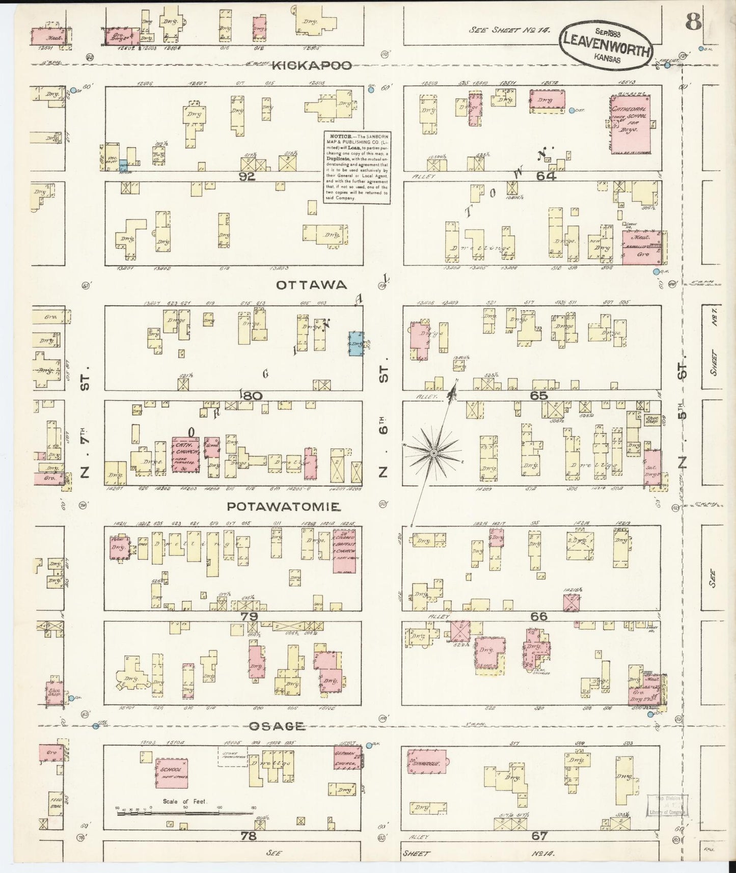 Sanborn Fire Insurance Map from Leavenworth, Leavenworth County, Kansas (1883), Sheet #0008 - Historic Sanborn Fire Insurance Map Print, vintage old map wall art, antique decor, genealogy gift, Kansas Kansas map