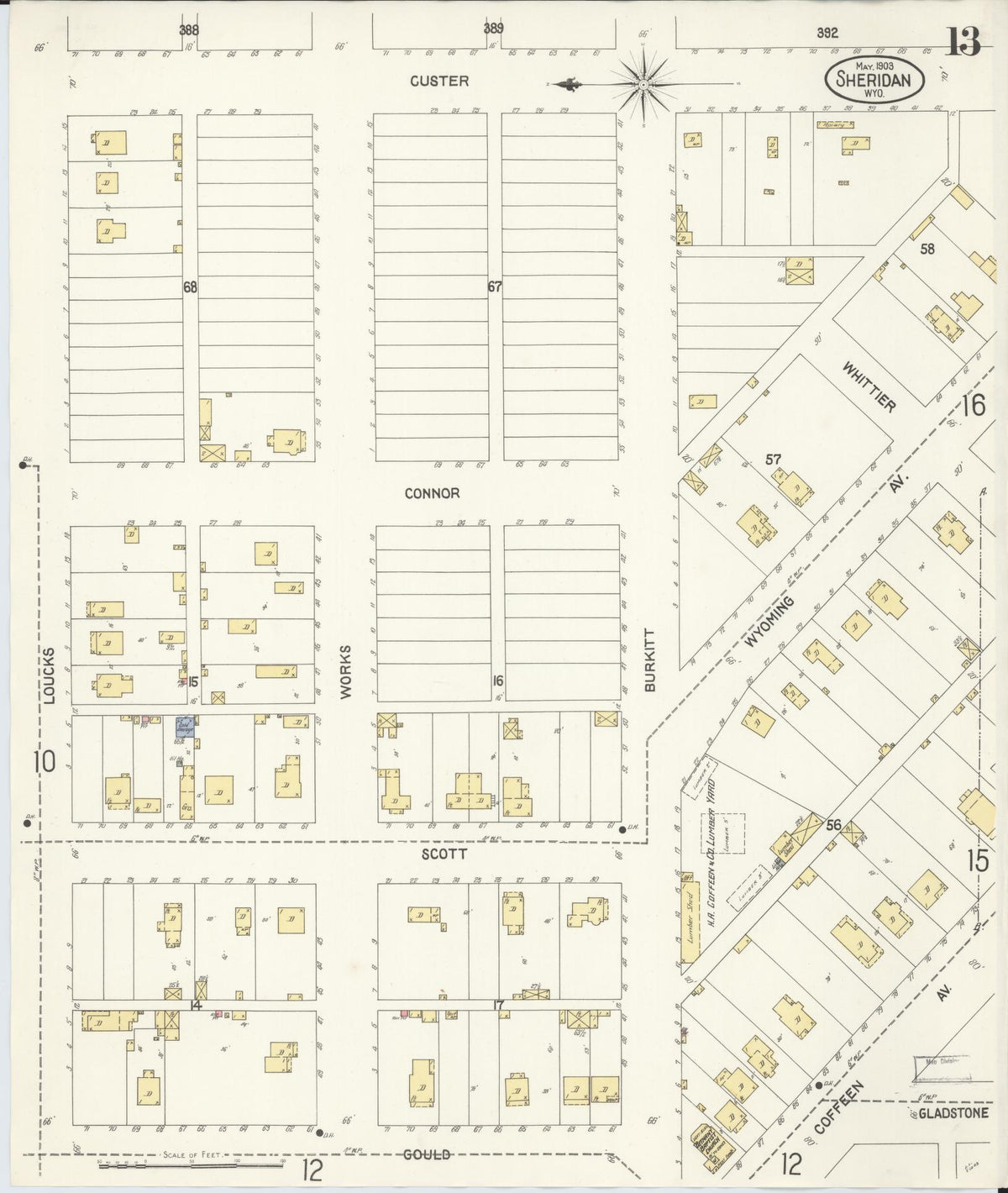 Sanborn Fire Insurance Map from Sheridan, Sheridan County, Wyoming (1903), Sheet #0013 - Historic Sanborn Fire Insurance Map Print, vintage old map wall art, antique decor, genealogy gift, Wyoming Wyoming map