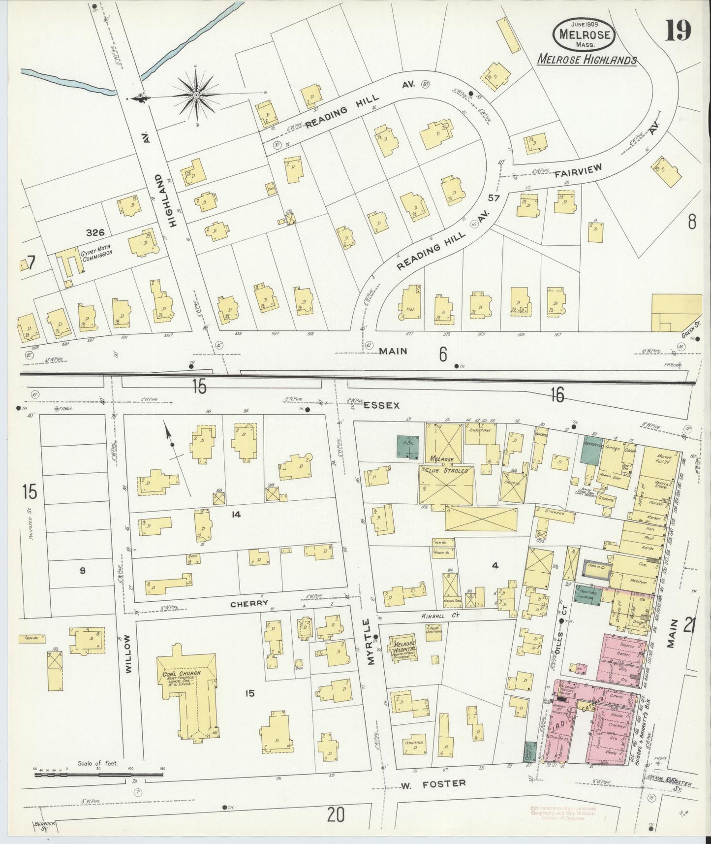 Sanborn Fire Insurance Map from Melrose, Middlesex County, Massachusetts (1909), Sheet #0019 - Historic Sanborn Fire Insurance Map Print, vintage old map wall art, antique decor, genealogy gift, Massachusetts Massachusetts map