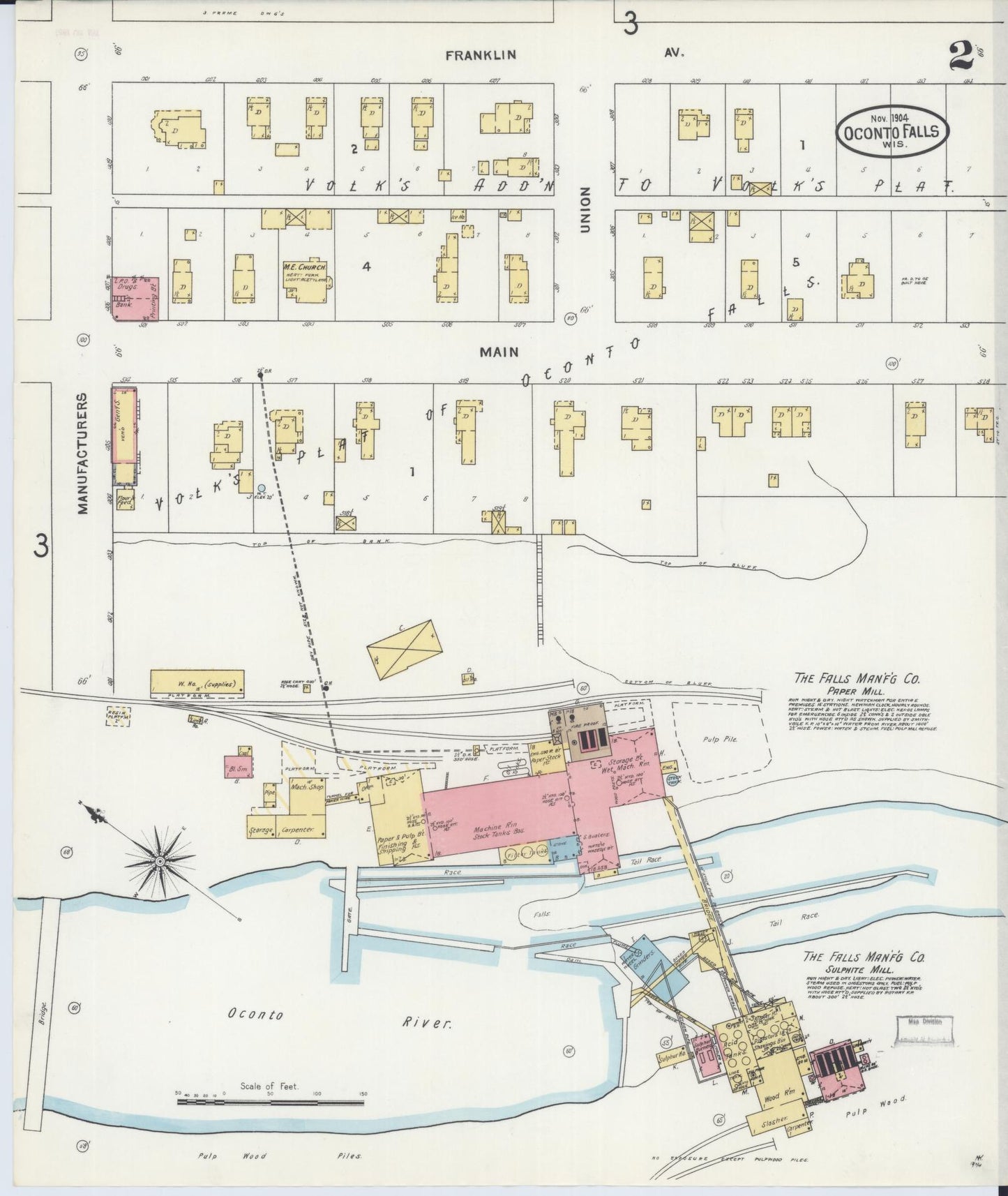 Sanborn Fire Insurance Map from Oconto Falls, Oconto County, Wisconsin (1904), Sheet #0002 - Historic Sanborn Fire Insurance Map Print, vintage old map wall art, antique decor, genealogy gift, Wisconsin Wisconsin map