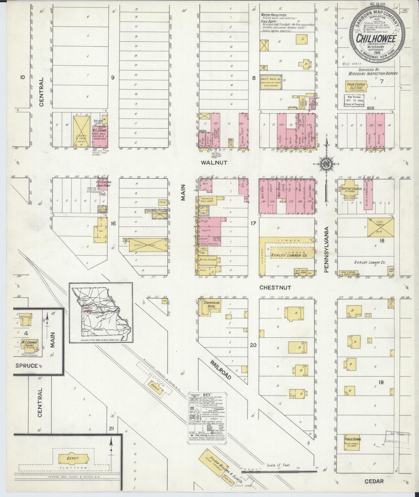 Sanborn Fire Insurance Map from Chilhowee, Johnson County, Missouri (1916), Sheet #0001 - Historic Sanborn Fire Insurance Map Print, vintage old map wall art, antique decor, genealogy gift, Missouri Missouri map