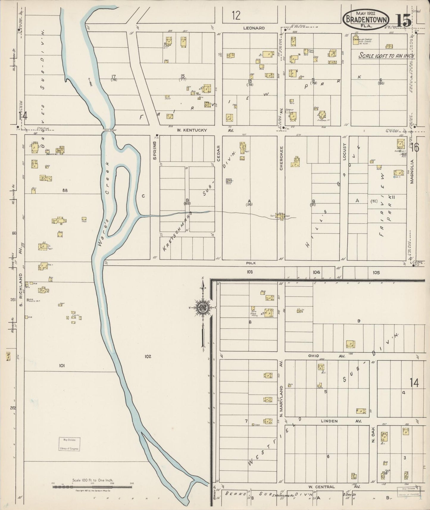 Sanborn Fire Insurance Map from Bradentown, Manatee County, Florida (1922), Sheet #0015 - Historic Sanborn Fire Insurance Map Print, vintage old map wall art, antique decor, genealogy gift, Florida Florida map