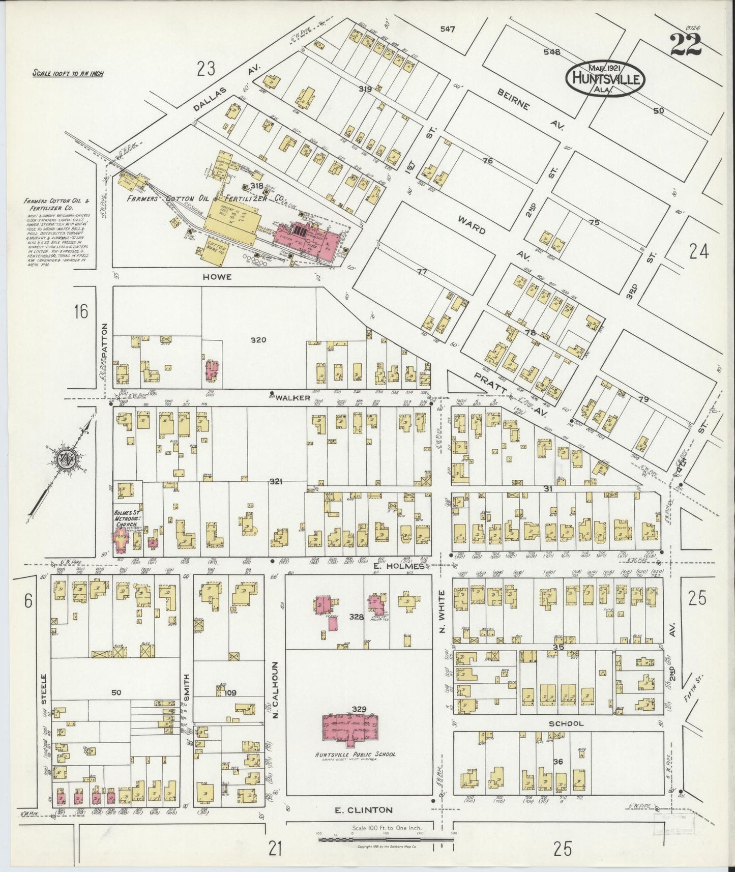 Sanborn Fire Insurance Map from Huntsville, Madison County, Alabama (1921), Sheet #0022 - Historic Sanborn Fire Insurance Map Print, vintage old map wall art, antique decor, genealogy gift, Alabama Alabama map