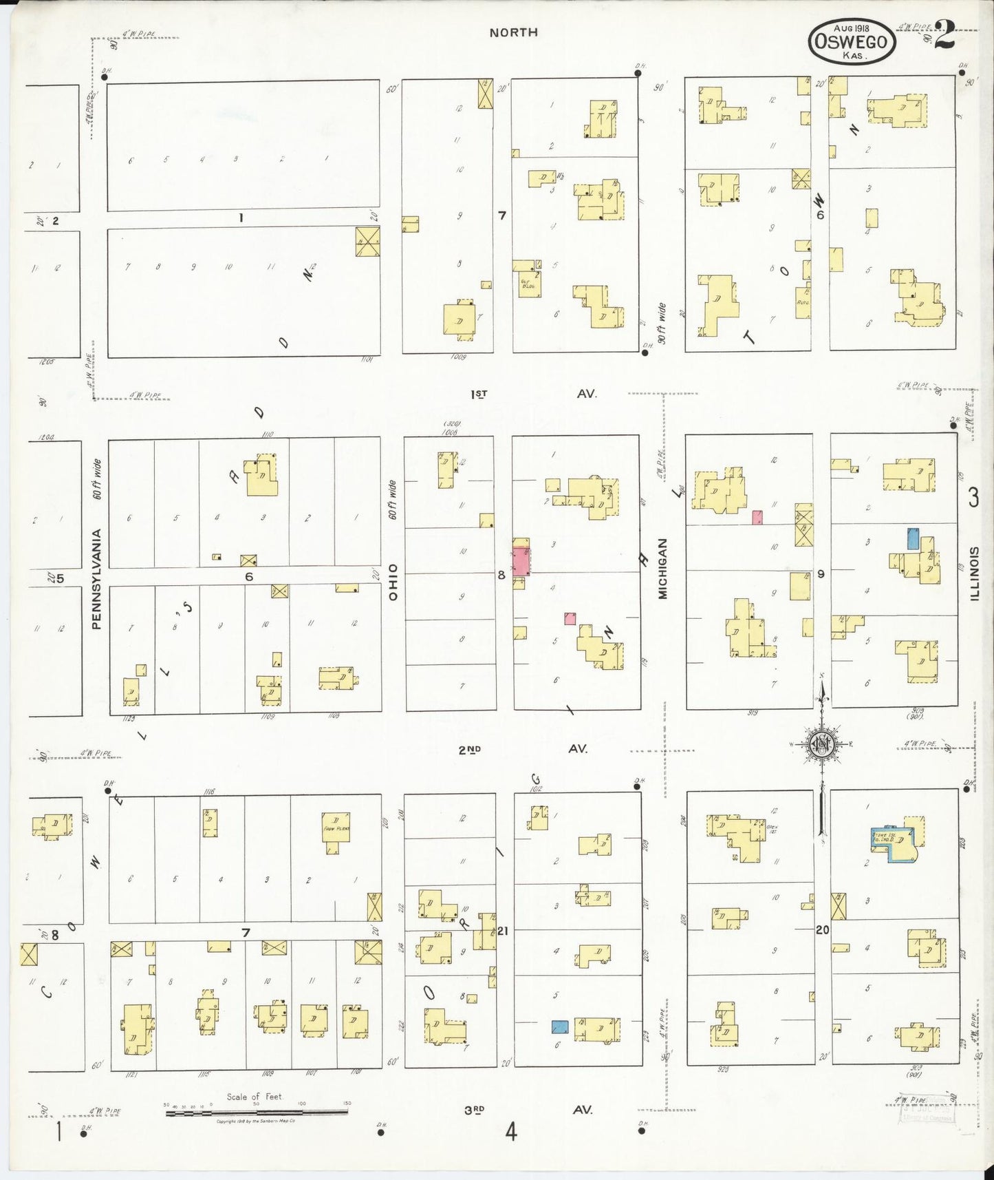 Sanborn Fire Insurance Map from Oswego, Labette County, Kansas (1918), Sheet #0002 - Historic Sanborn Fire Insurance Map Print, vintage old map wall art, antique decor, genealogy gift, Kansas Kansas map