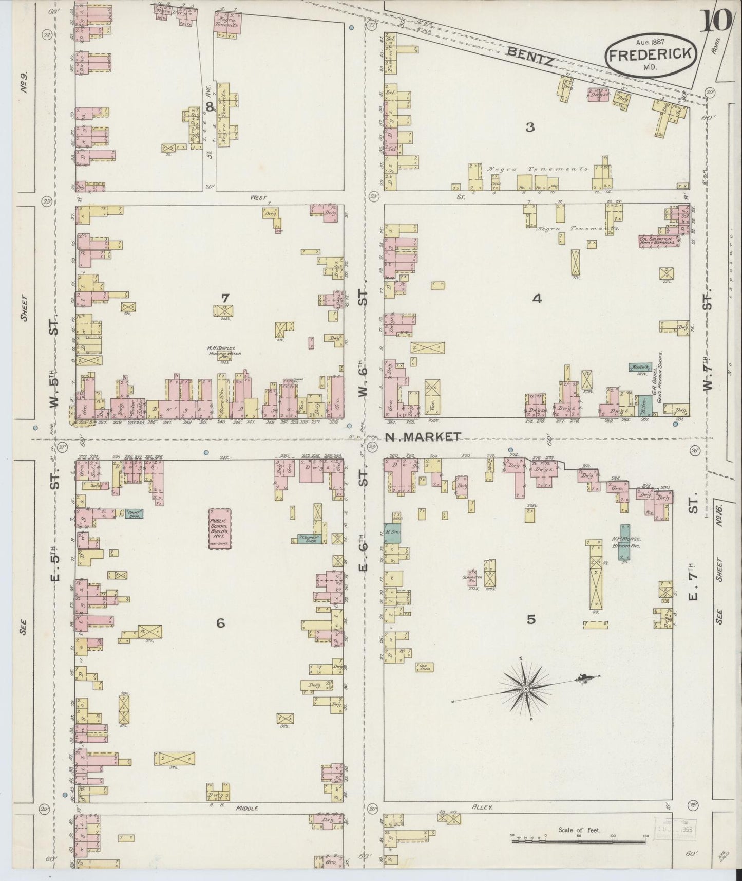 Frederick, Maryland - 1887 - Sanborn Fire Insurance Map, Sheet #0010 - Historic Sanborn Fire Insurance Map Print, Frederick Maryland 1887 0010 vintage old map wall art