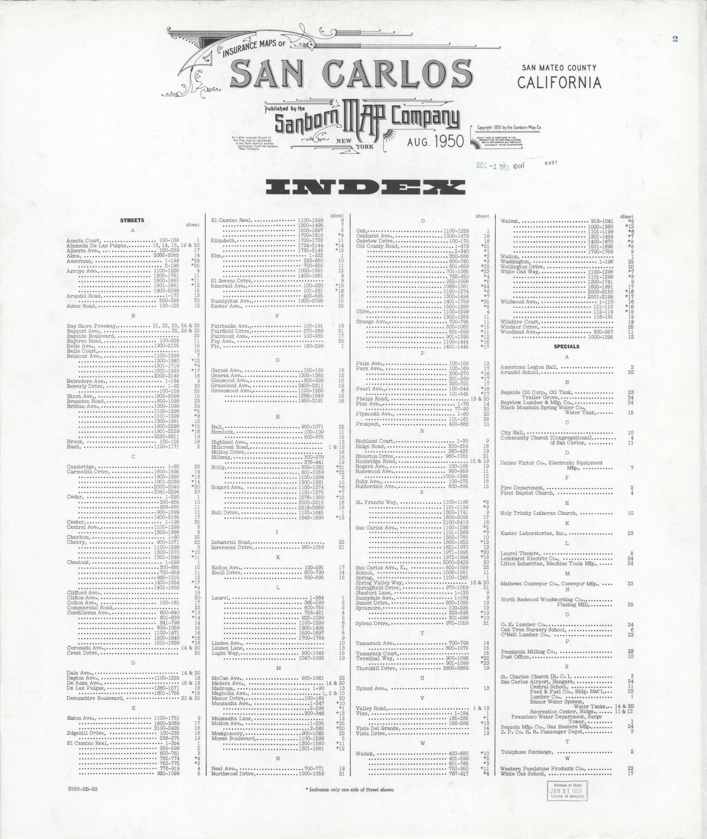 Sanborn Fire Insurance Map from San Carlos, San Mateo County, California. (1950) – Historic Sanborn Fire Insurance Map Print