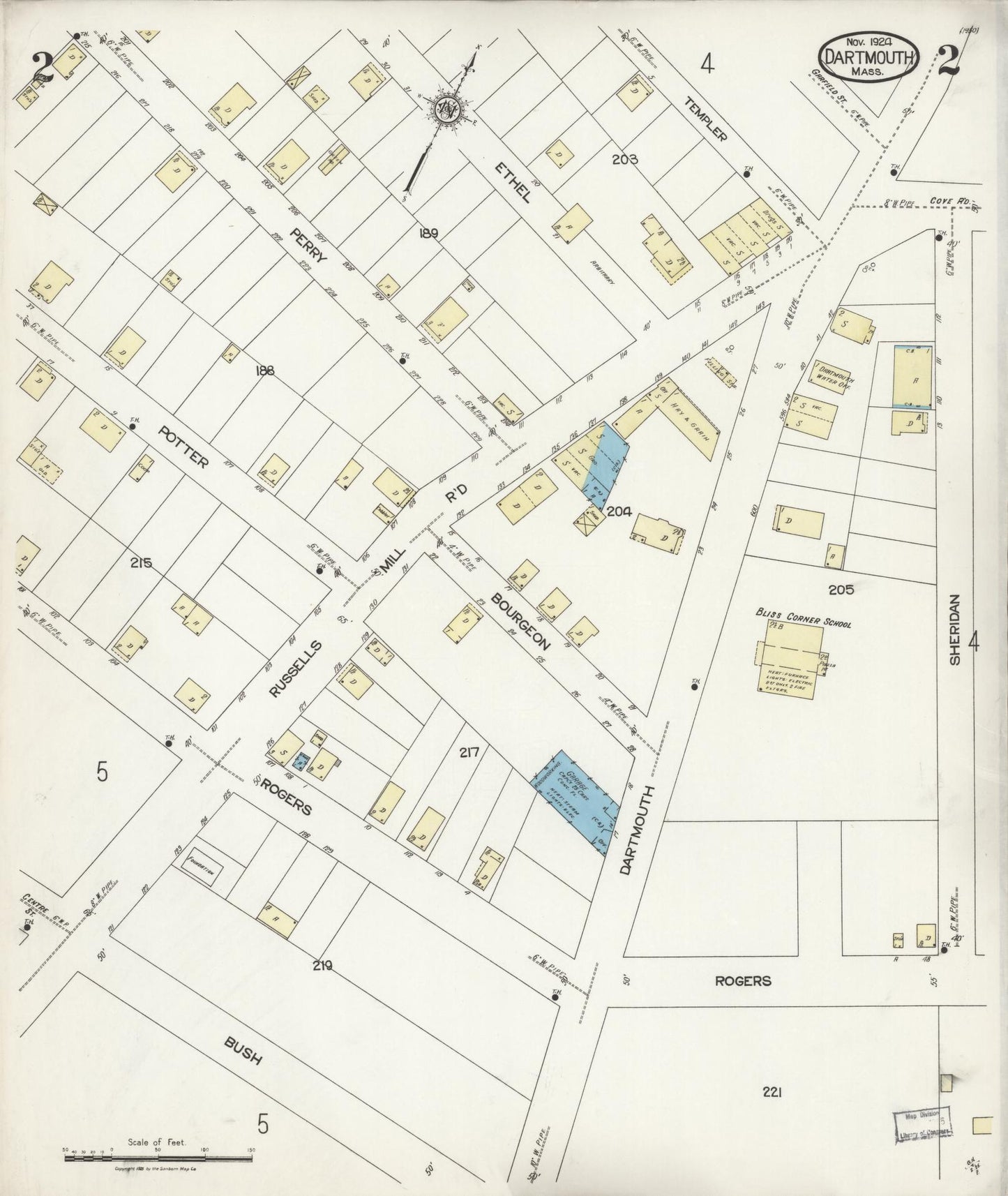 Sanborn Fire Insurance Map from Dartmouth, Bristol County, Massachusetts (1924), Sheet #0002 - Historic Sanborn Fire Insurance Map Print, vintage old map wall art, antique decor, genealogy gift, Massachusetts Massachusetts map