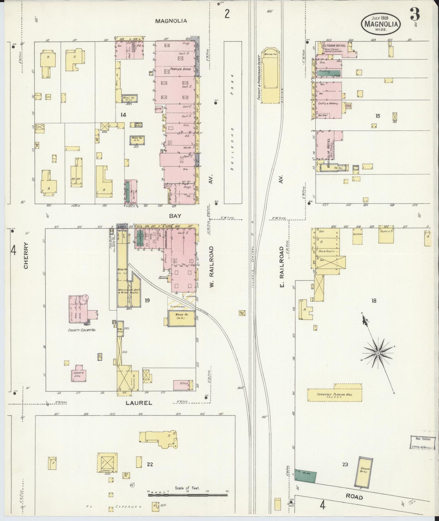 Sanborn Fire Insurance Map from Magnolia, Pike County, Mississippi (1909), Sheet #0003 - Historic Sanborn Fire Insurance Map Print, vintage old map wall art, antique decor, genealogy gift, Mississippi Mississippi map