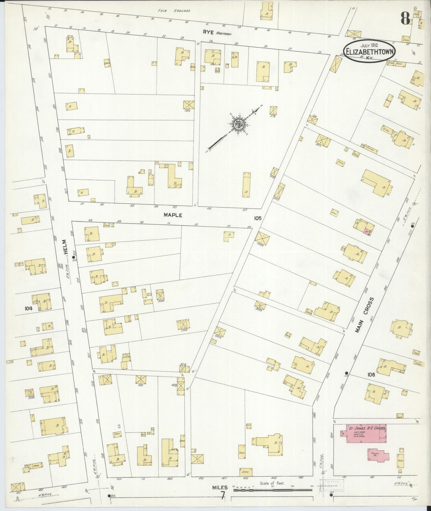 Sanborn Fire Insurance Map from Elizabethtown, Hardin County, Kentucky (1912), Sheet #0008 - Historic Sanborn Fire Insurance Map Print, vintage old map wall art, antique decor, genealogy gift, Kentucky Kentucky map