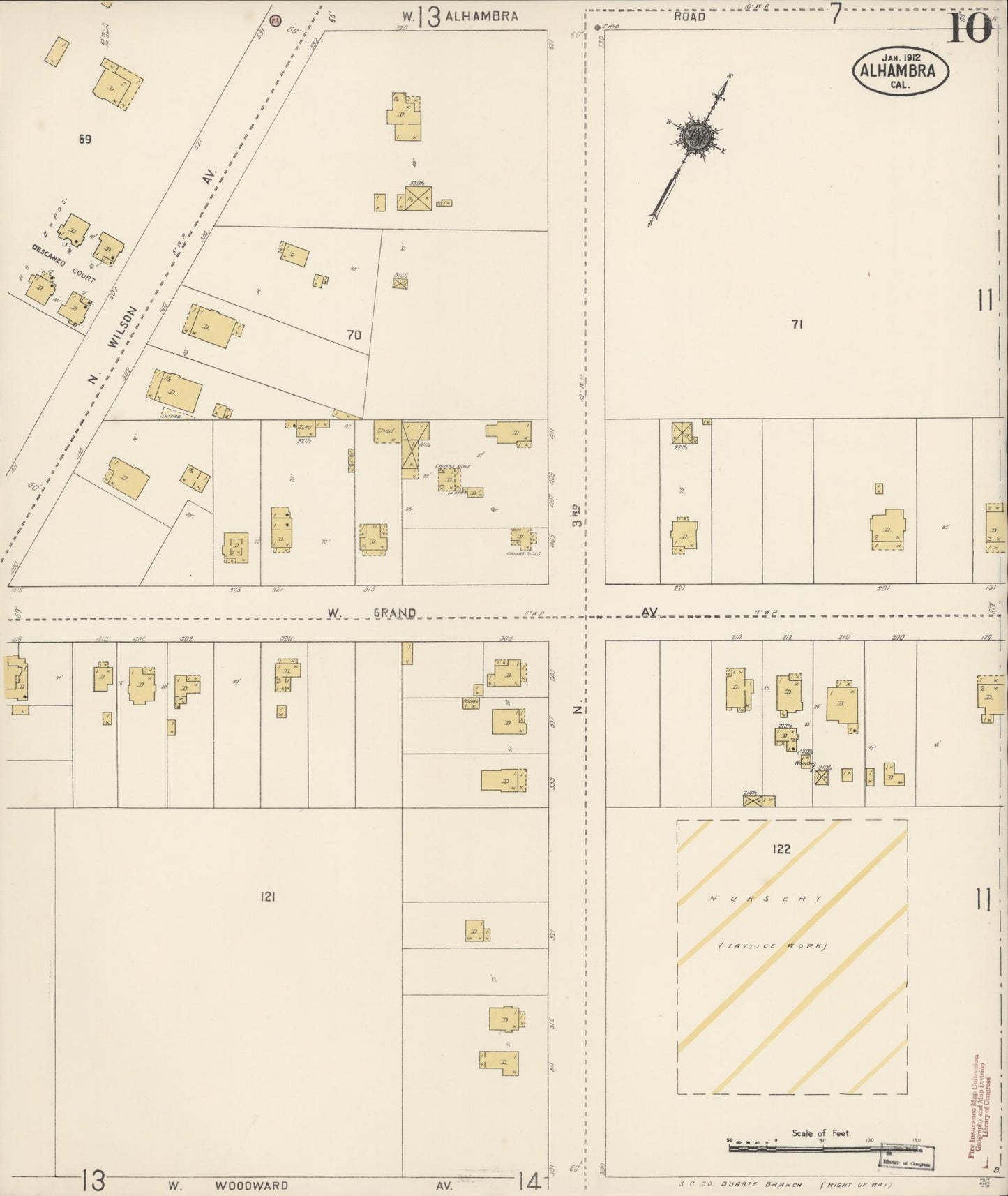 Sanborn Fire Insurance Map from Alhambra, Los Angeles County, California (1912), Sheet #0010 - Historic Sanborn Fire Insurance Map Print, vintage old map wall art, antique decor, genealogy gift, California California map