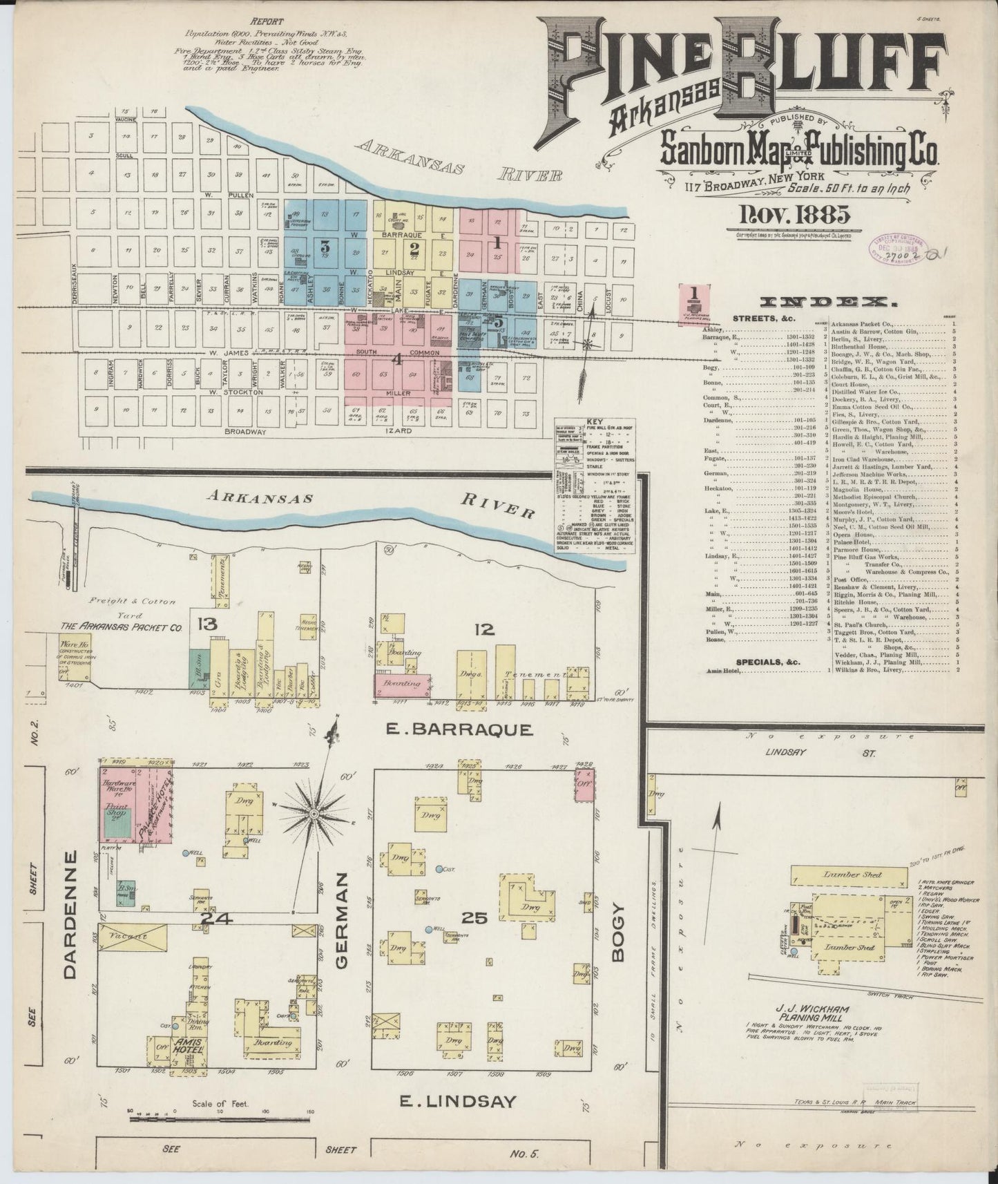Sanborn Fire Insurance Map from Pine Bluff, Jefferson County, Arkansas (1885), Sheet #0001 - Historic Sanborn Fire Insurance Map Print, vintage old map wall art, antique decor, genealogy gift, Arkansas Arkansas map