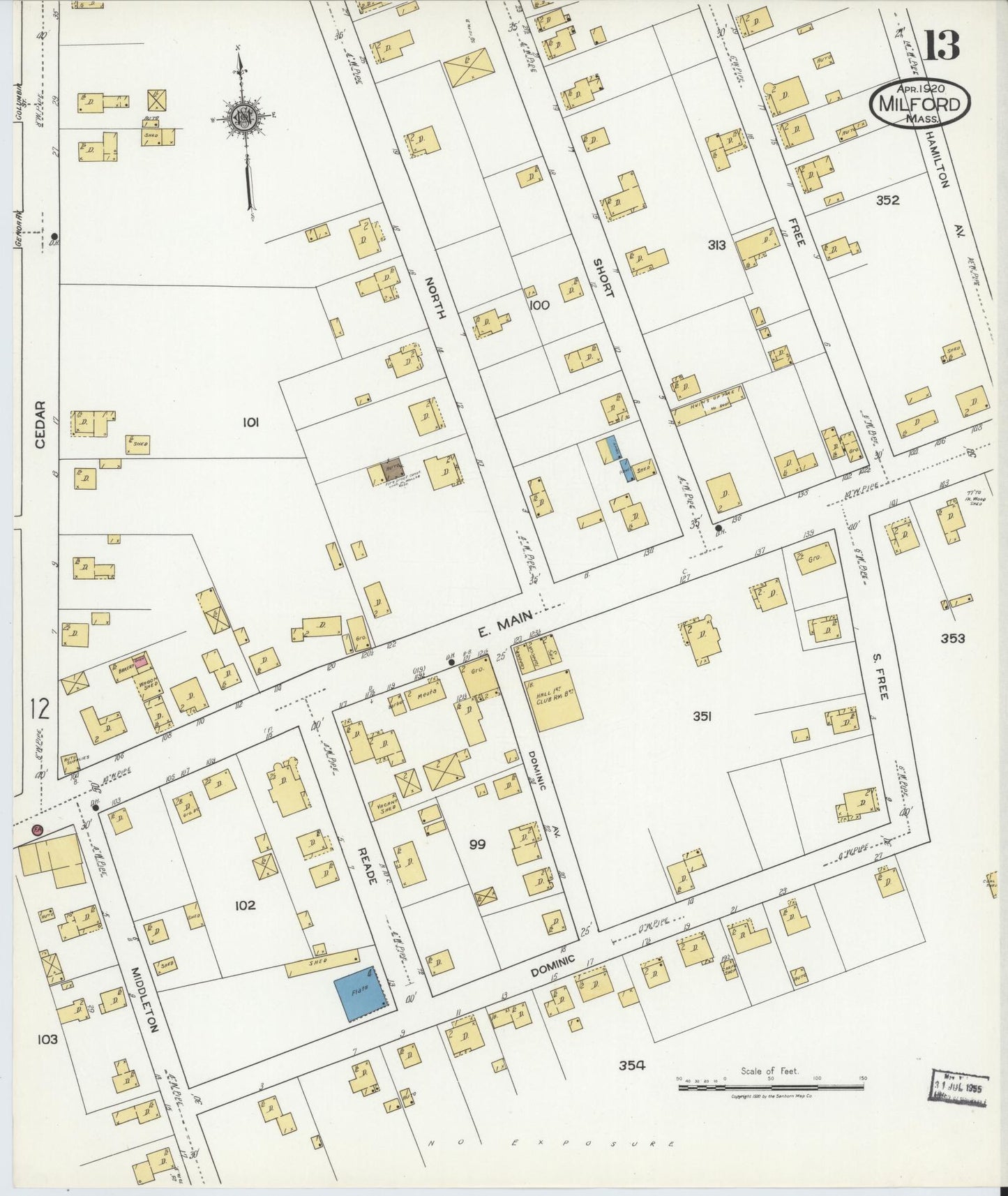 Sanborn Fire Insurance Map from Milford, Worcester County, Massachusetts (1920), Sheet #0013 - Historic Sanborn Fire Insurance Map Print, vintage old map wall art, antique decor, genealogy gift, Massachusetts Massachusetts map