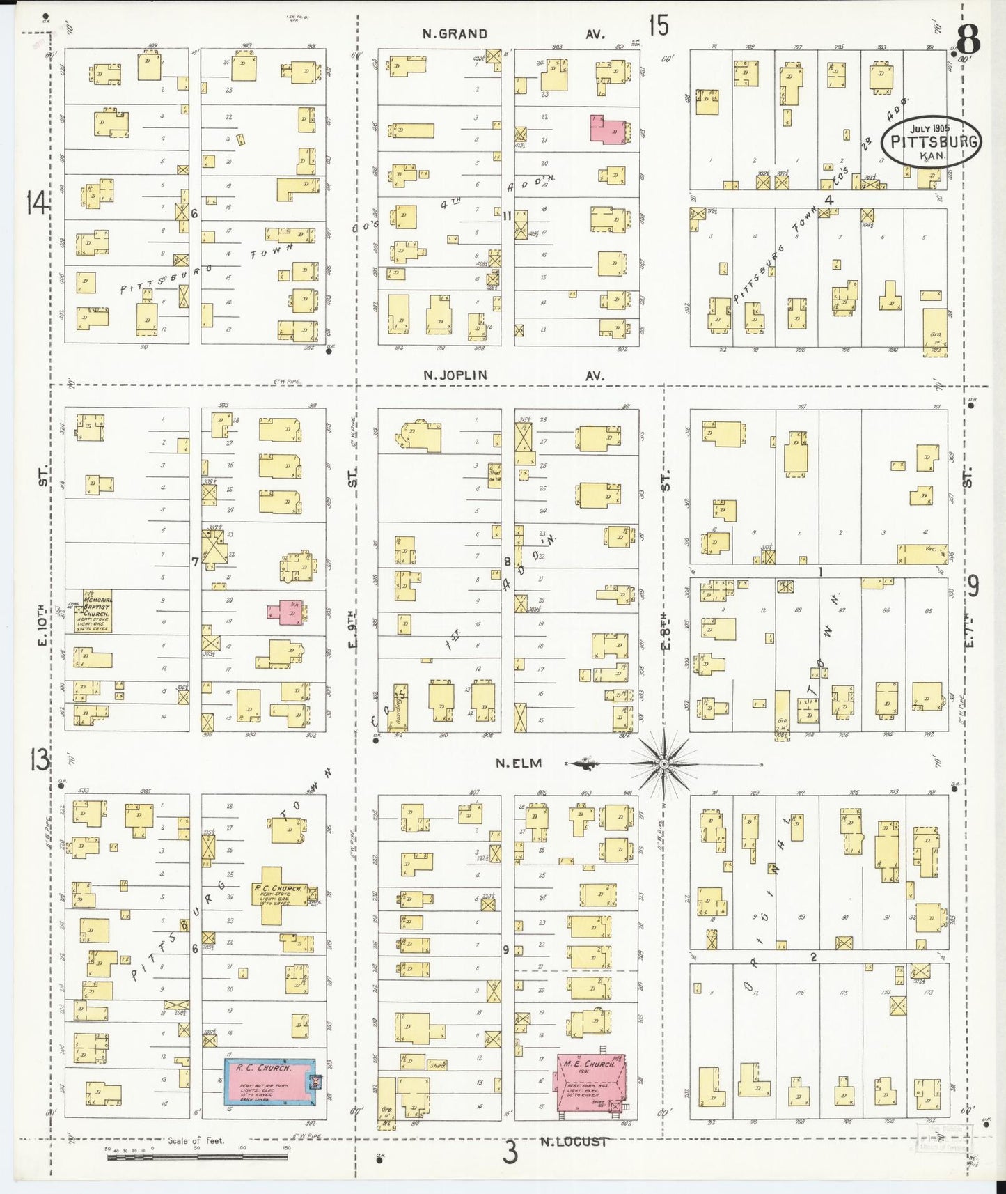 Sanborn Fire Insurance Map from Pittsburg, Crawford County, Kansas (1905), Sheet #0008 - Historic Sanborn Fire Insurance Map Print, vintage old map wall art, antique decor, genealogy gift, Kansas Kansas map