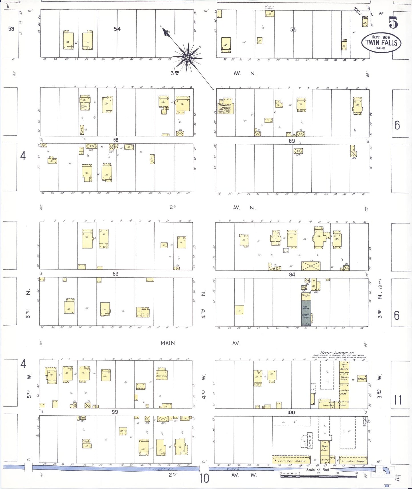 Sanborn Fire Insurance Map from Twin Falls, Twin Falls County, Idaho (1909), Sheet #0005 - Historic Sanborn Fire Insurance Map Print, vintage old map wall art, antique decor, genealogy gift, Falls Idaho map