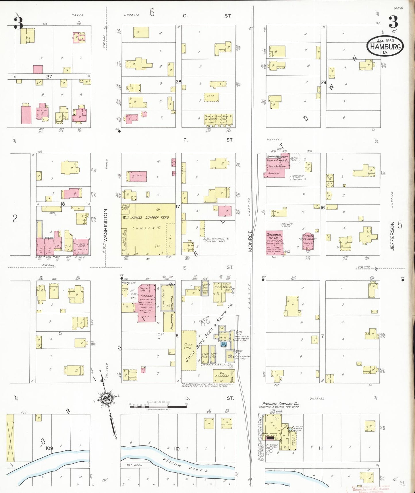 Sanborn Fire Insurance Map from Hamburg, Fremont County, Iowa (1930), Sheet #0003 - Historic Sanborn Fire Insurance Map Print, vintage old map wall art