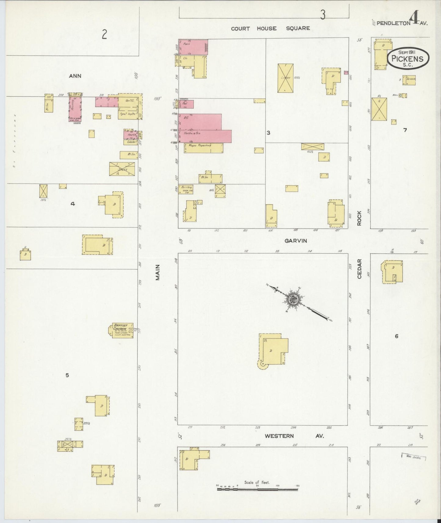 Sanborn Fire Insurance Map from Pickens, Pickens County, South Carolina (1911), Sheet #0004 - Complete Map Set gallery image, historic Sanborn map, vintage wall art, South Carolina South Carolina