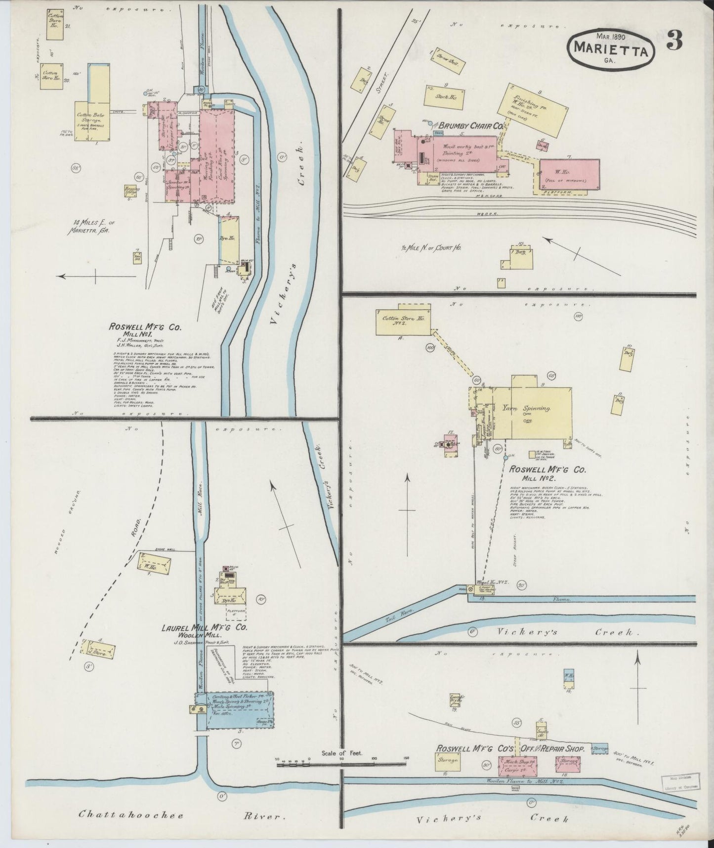 Sanborn Fire Insurance Map from Marietta, Cobb County, Georgia (1890), Sheet #0003 - Historic Sanborn Fire Insurance Map Print, vintage old map wall art, antique decor, genealogy gift, Georgia Georgia map
