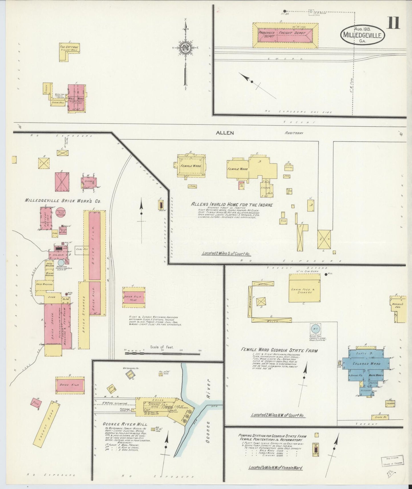 Sanborn Fire Insurance Map from Milledgeville, Baldwin County, Georgia (1913), Sheet #0011 - Historic Sanborn Fire Insurance Map Print, vintage old map wall art, antique decor, genealogy gift, Georgia Georgia map