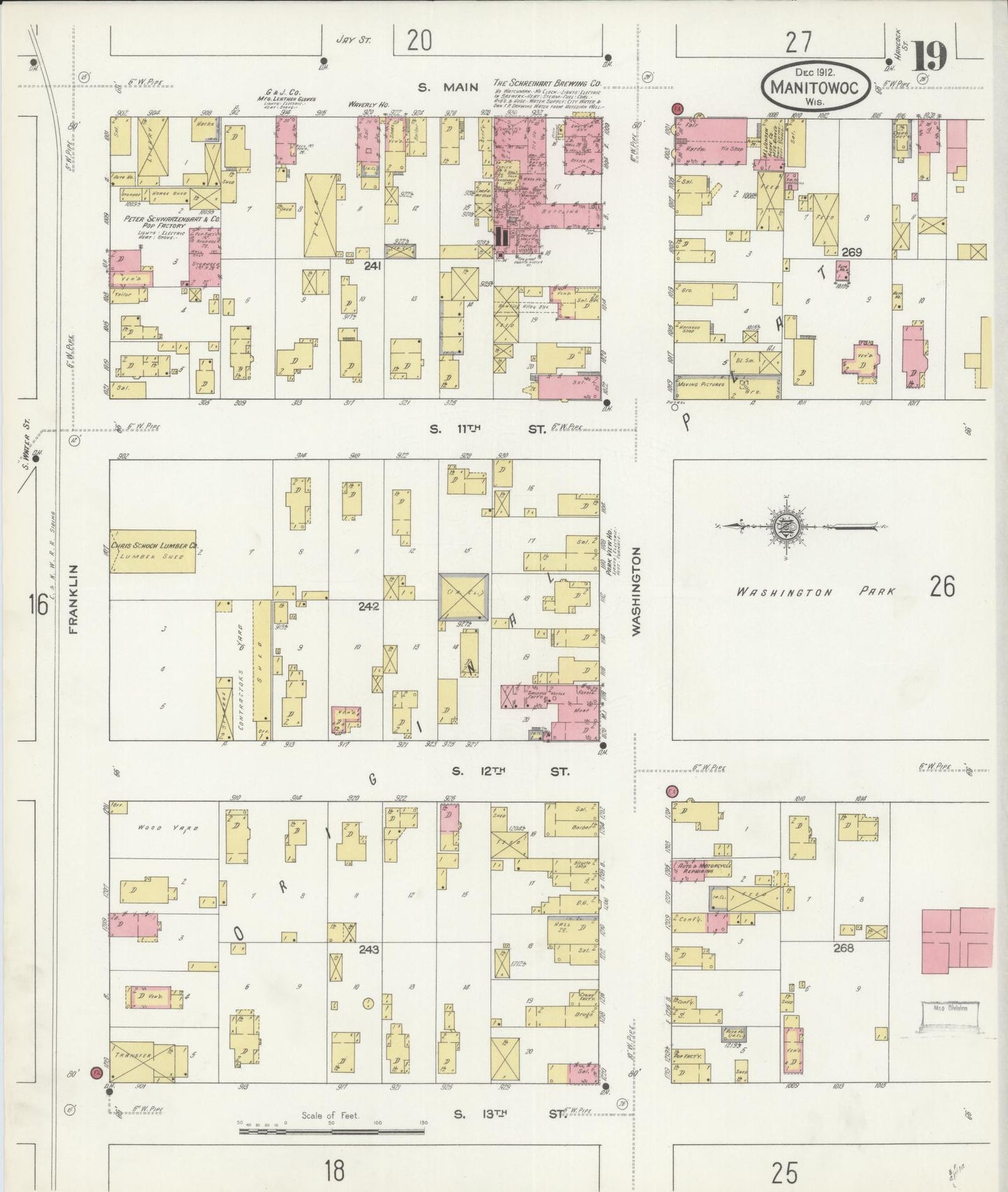 Sanborn Fire Insurance Map from Manitowoc, Manitowoc County, Wisconsin (1912), Sheet #0019 - Historic Sanborn Fire Insurance Map Print, vintage old map wall art, antique decor, genealogy gift, Wisconsin Wisconsin map